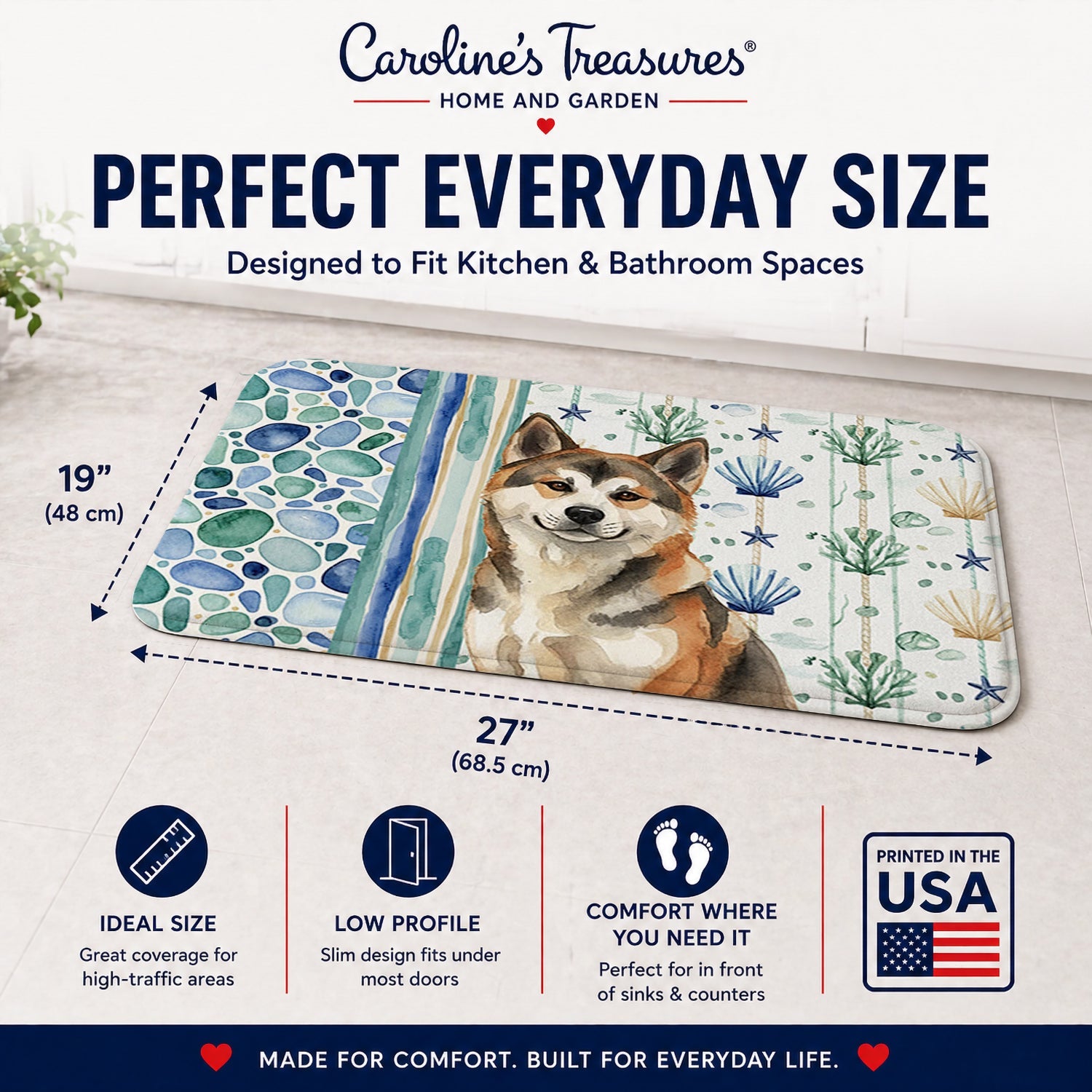 Sesame Akita Coastal Sea Glass Memory Foam Kitchen Mat Machine Washable Anti-Fatigue Cushion Comfort Bath or Kitchen Rug