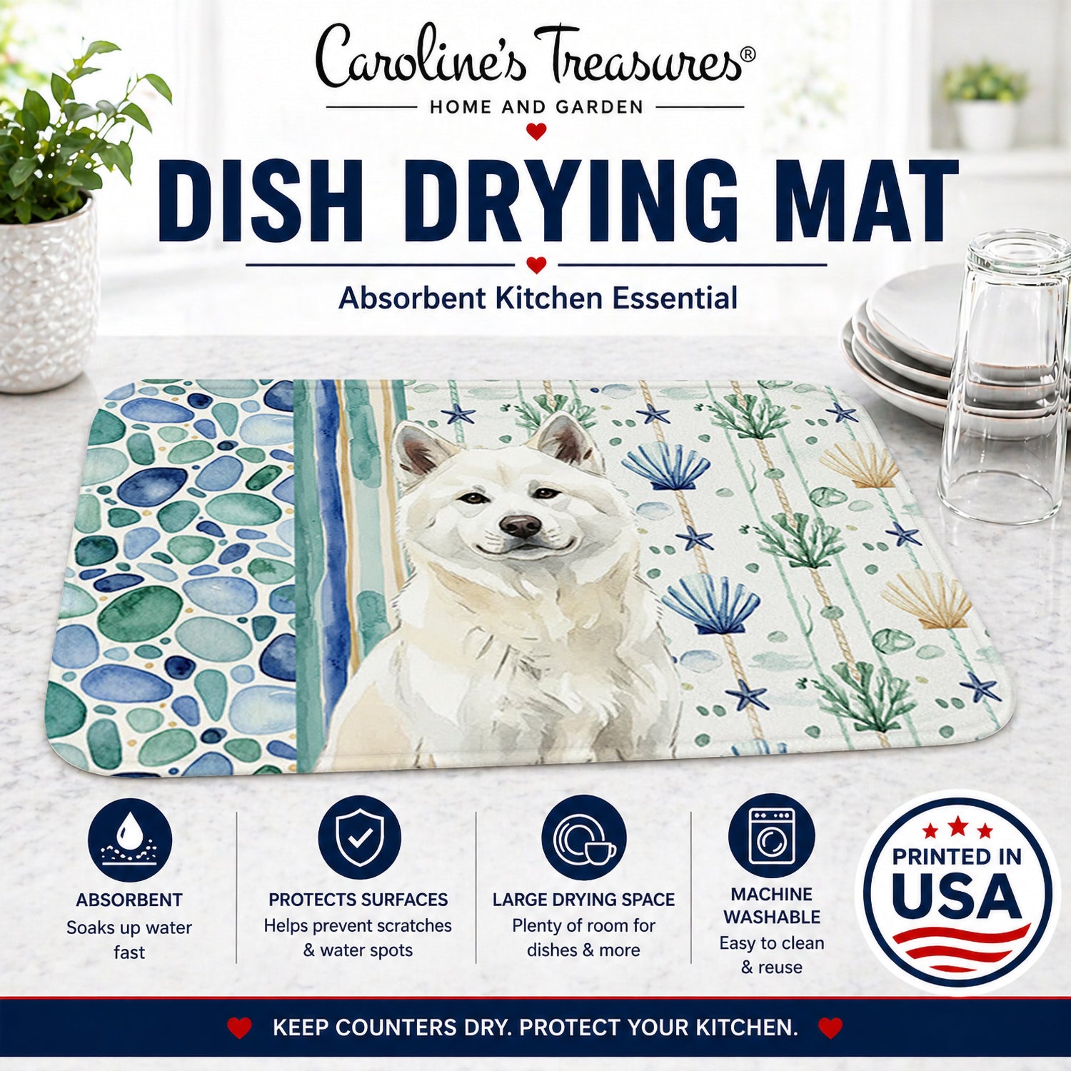 White Akita Coastal Sea Glass Dish Drying Mat Absorbent Dish Drying Mat Pad for Kitchen Counter Dish Drainer Mat for Countertop, 14 x 21", Multicolor