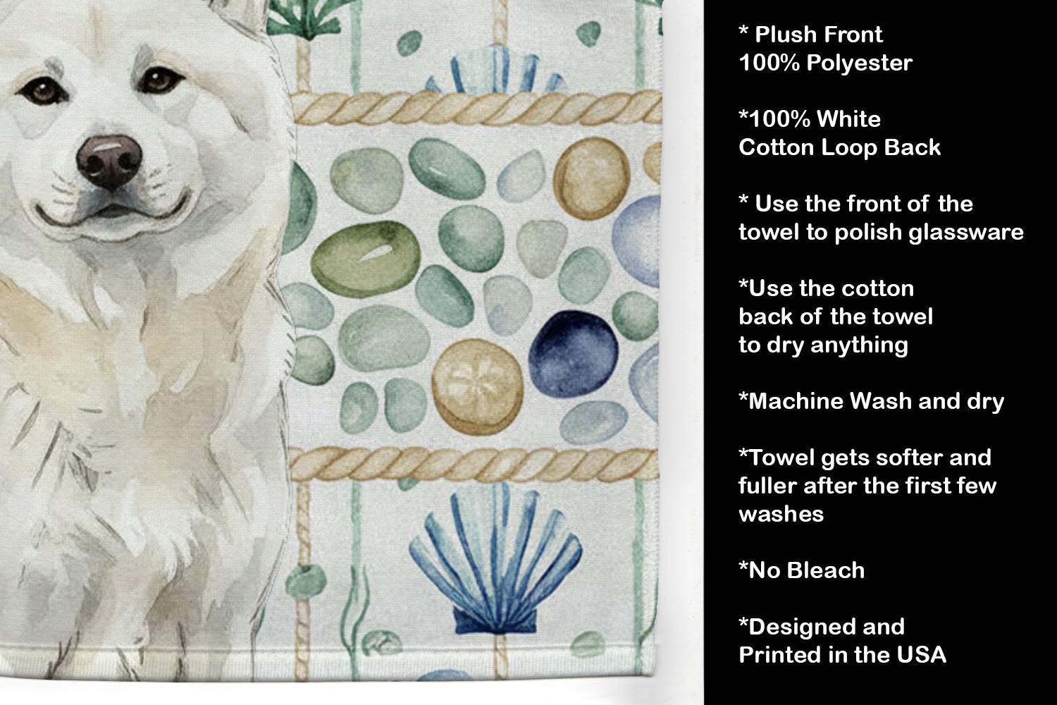 White Akita Coastal Sea Glass Kitchen Towel Velour Plush Front and Cotton Loop Back Machine Washable
