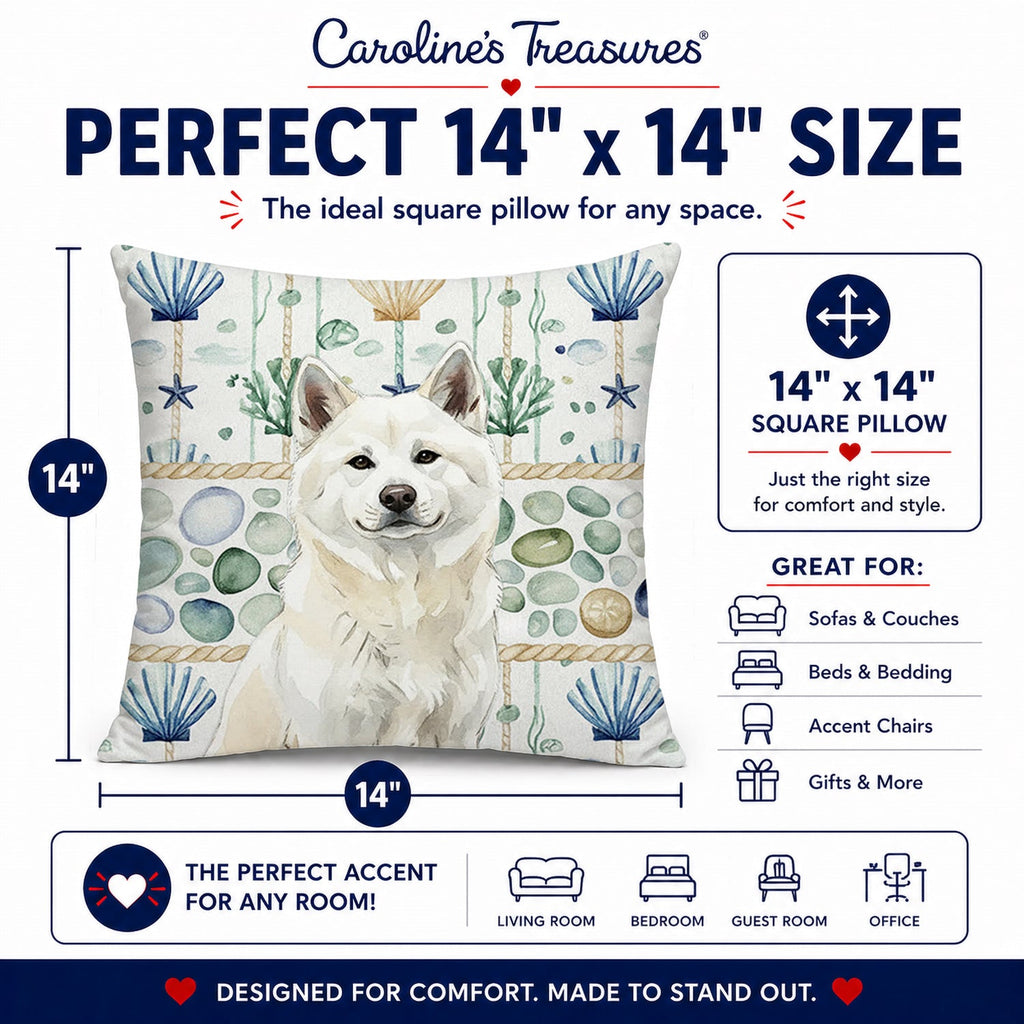 White Akita Coastal Sea Glass Decorative Throw Pillow 14x14 Indoor Outdoor Accent Cushion, Fabric Cover with Insert for Sofa, Bed, Porch & Living Room