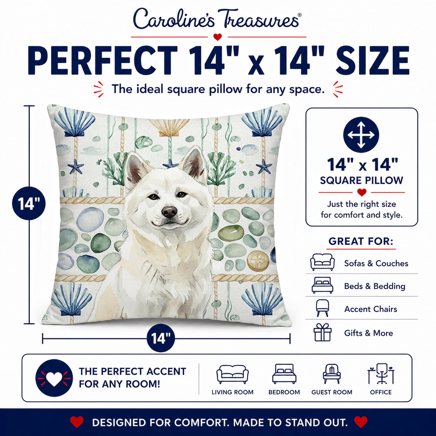 White Akita Coastal Sea Glass Decorative Throw Pillow 14x14 Indoor Outdoor Accent Cushion, Fabric Cover with Insert for Sofa, Bed, Porch & Living Room