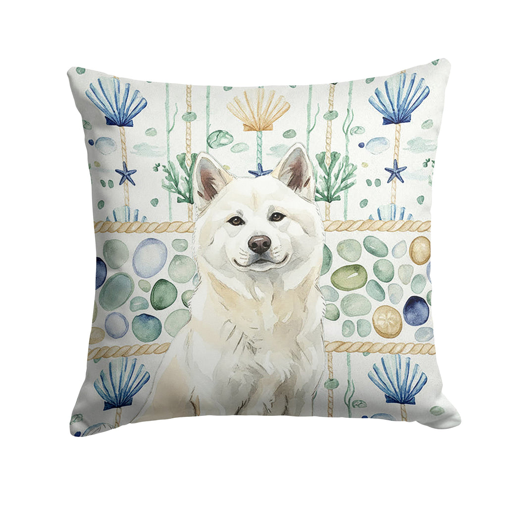 White Akita Coastal Sea Glass Decorative Throw Pillow 14x14 Indoor Outdoor Accent Cushion, Fabric Cover with Insert for Sofa, Bed, Porch & Living Room