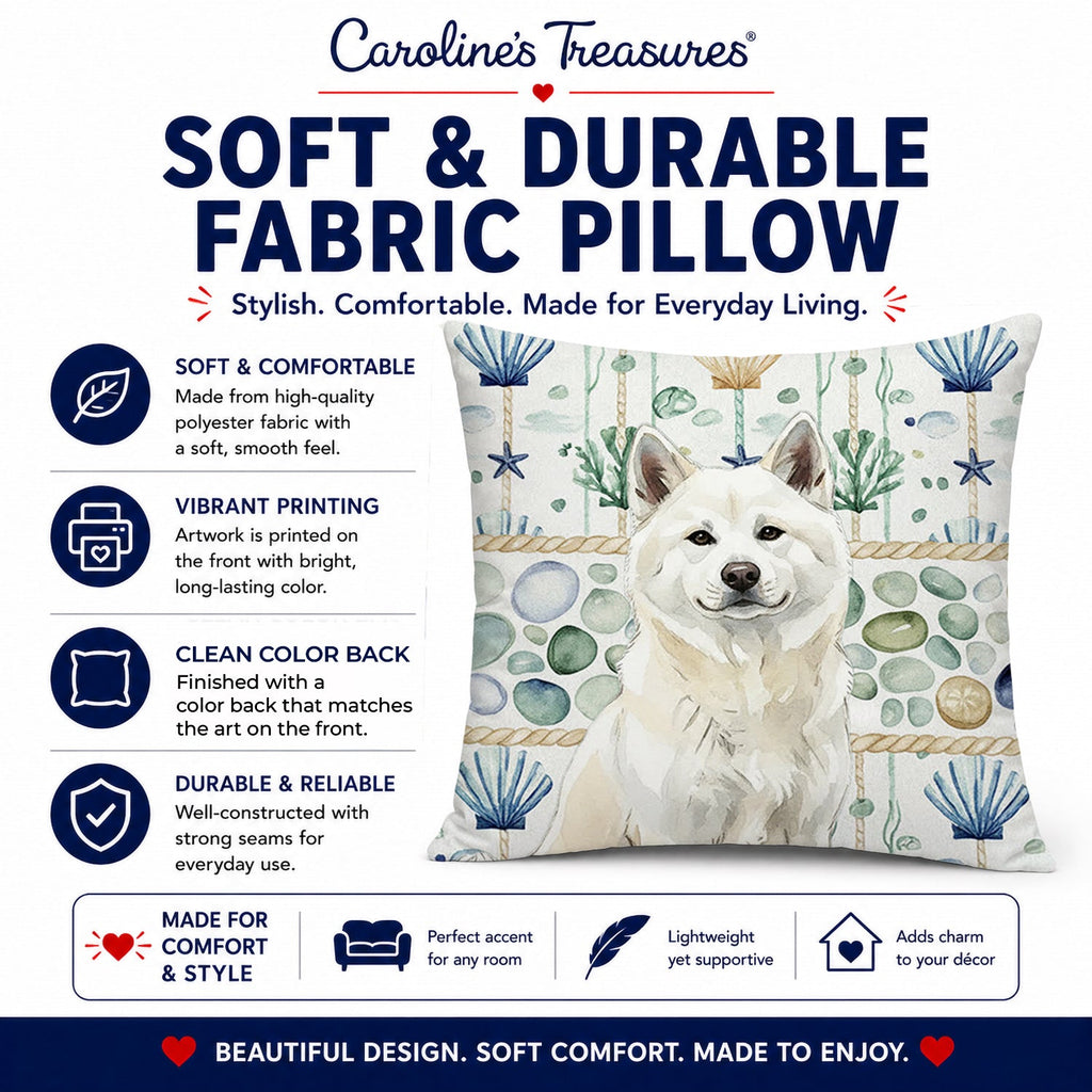 White Akita Coastal Sea Glass Decorative Throw Pillow 18x18 Indoor Outdoor Accent Cushion, Fabric Cover with Insert for Sofa, Bed, Porch & Living Room