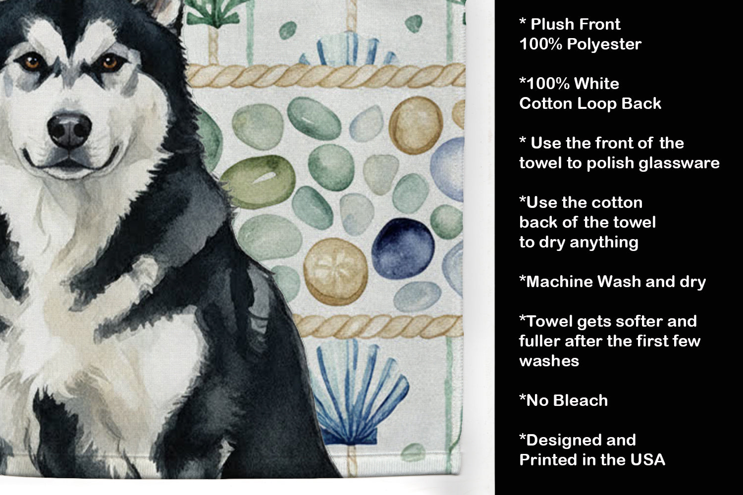 Black and White Alaskan Malamute Coastal Sea Glass Kitchen Towel Velour Plush Front and Cotton Loop Back Machine Washable