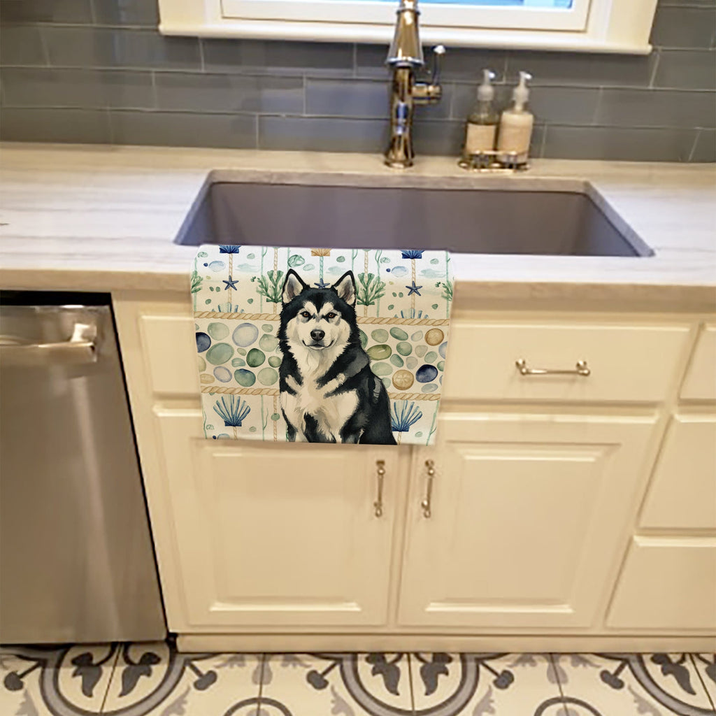Black and White Alaskan Malamute Coastal Sea Glass Kitchen Towel Velour Plush Front and Cotton Loop Back Machine Washable