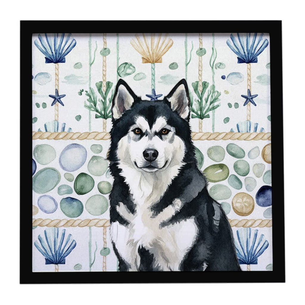 Black and White Alaskan Malamute Coastal Sea Glass Framed Metal Print Bathroom, Kitchen, Office, Home Decor Wall Art Ready to Hang, Square, 8X8