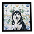 Black and White Alaskan Malamute Coastal Sea Glass Framed Metal Print Bathroom, Kitchen, Office, Home Decor Wall Art Ready to Hang, Square, 8X8