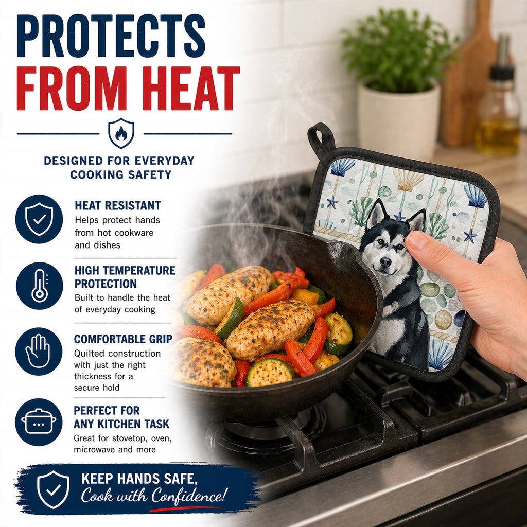 Black and White Alaskan Malamute Coastal Sea Glass Pot Holder Set of 2 Heat Resistant Quilted Hot Pads 7.5 x 7.5 Inch, Insulated Kitchen Trivets for Cooking & Baking