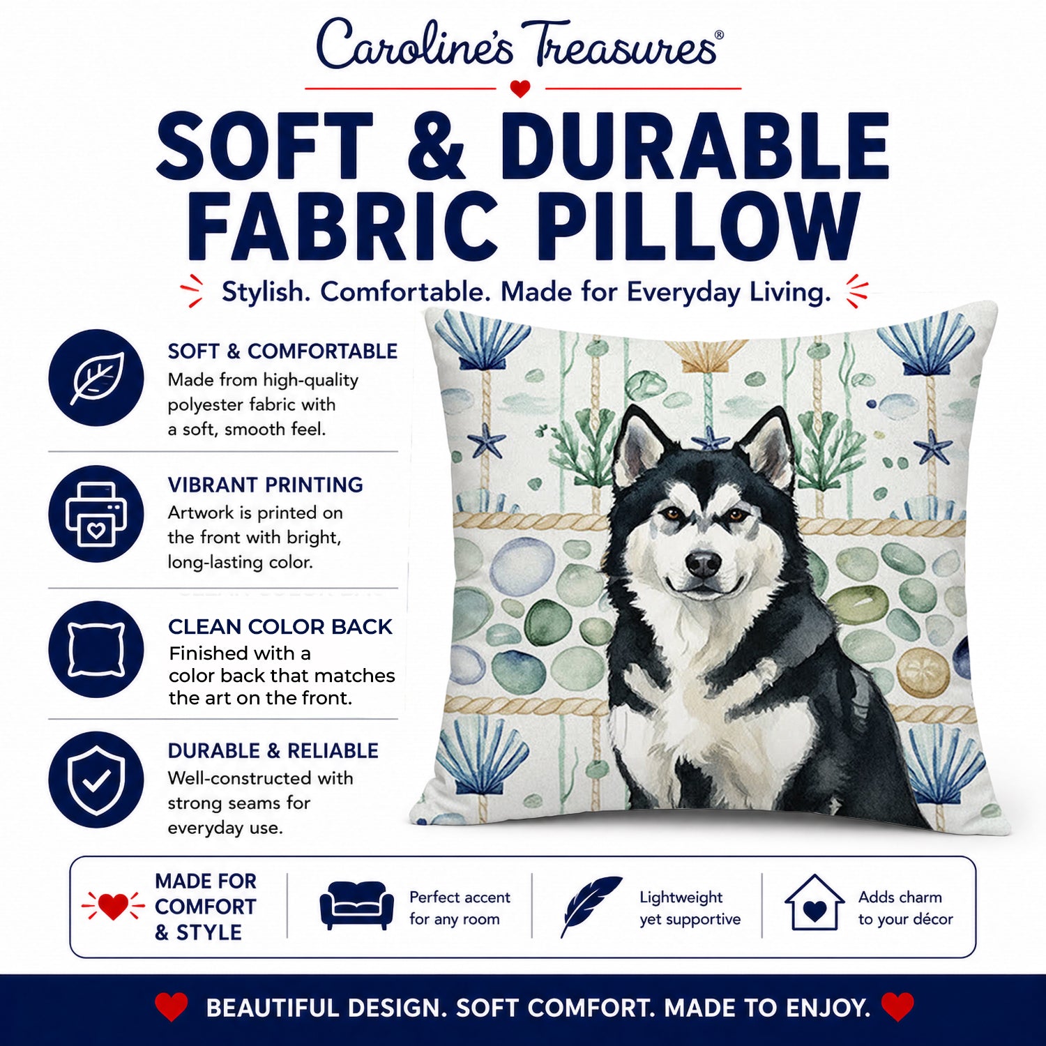 Black and White Alaskan Malamute Coastal Sea Glass Decorative Throw Pillow 14x14 Indoor Outdoor Accent Cushion, Fabric Cover with Insert for Sofa, Bed, Porch & Living Room