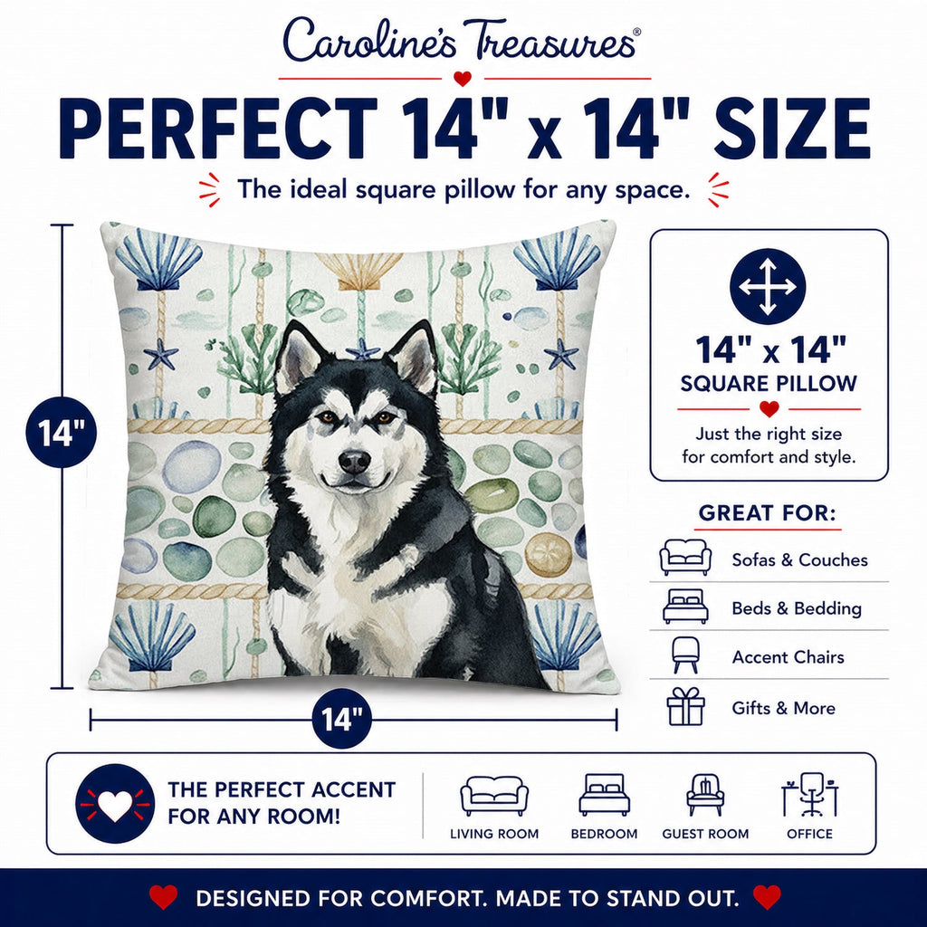 Black and White Alaskan Malamute Coastal Sea Glass Decorative Throw Pillow 14x14 Indoor Outdoor Accent Cushion, Fabric Cover with Insert for Sofa, Bed, Porch & Living Room