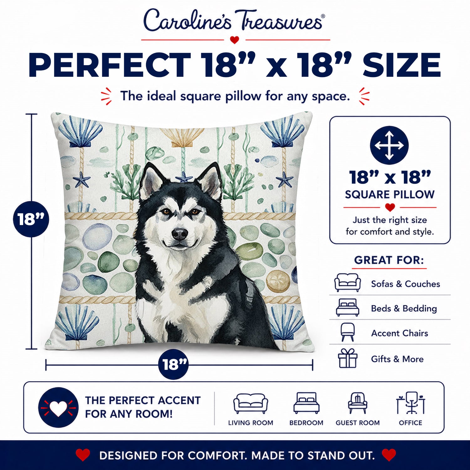 Black and White Alaskan Malamute Coastal Sea Glass Decorative Throw Pillow 18x18 Indoor Outdoor Accent Cushion, Fabric Cover with Insert for Sofa, Bed, Porch & Living Room