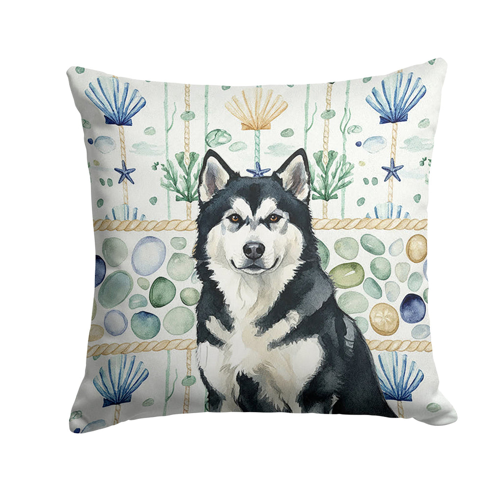 Black and White Alaskan Malamute Coastal Sea Glass Decorative Throw Pillow 18x18 Indoor Outdoor Accent Cushion, Fabric Cover with Insert for Sofa, Bed, Porch & Living Room