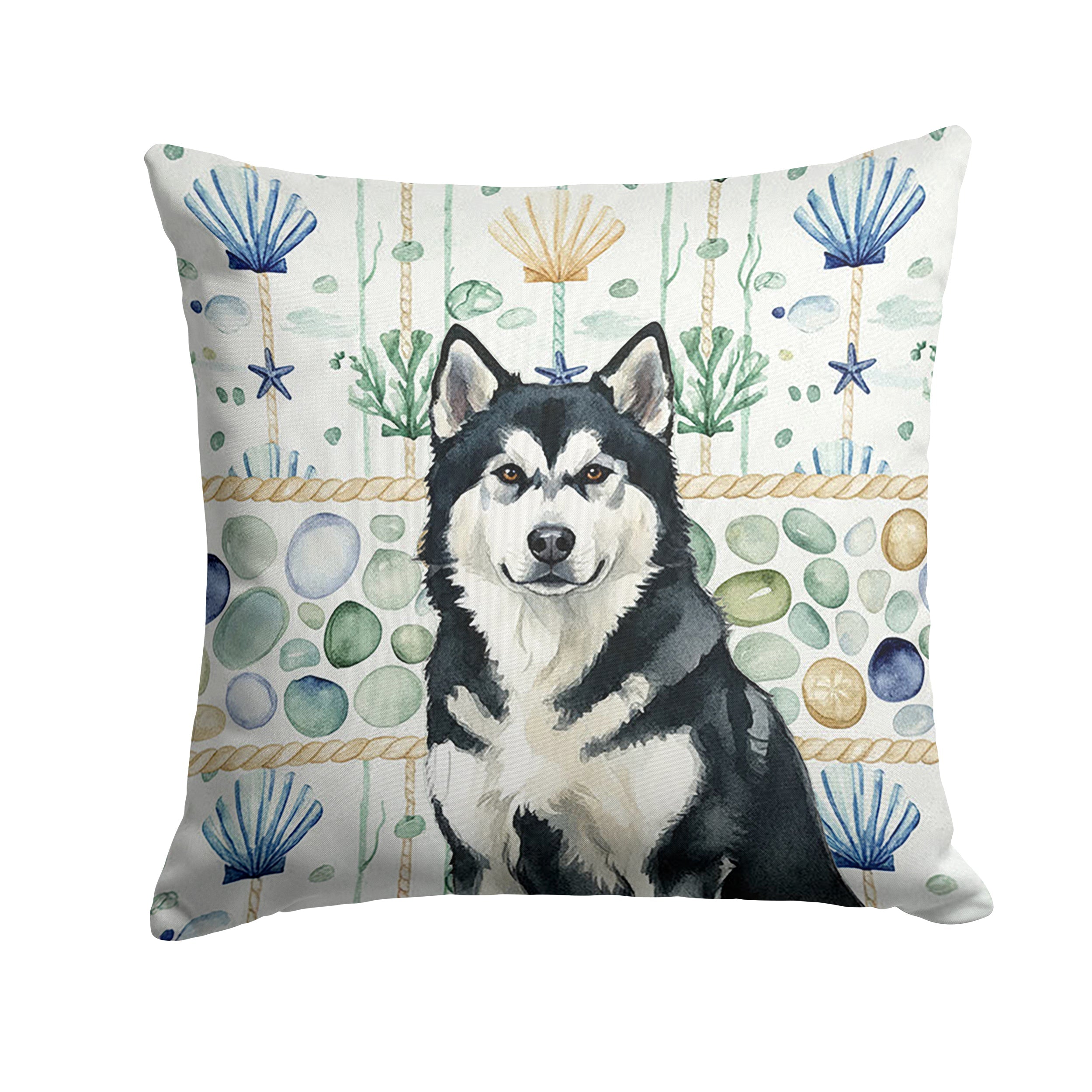 Black and White Alaskan Malamute Coastal Sea Glass Decorative Throw Pillow 18x18 Indoor Outdoor Accent Cushion, Fabric Cover with Insert for Sofa, Bed, Porch & Living Room