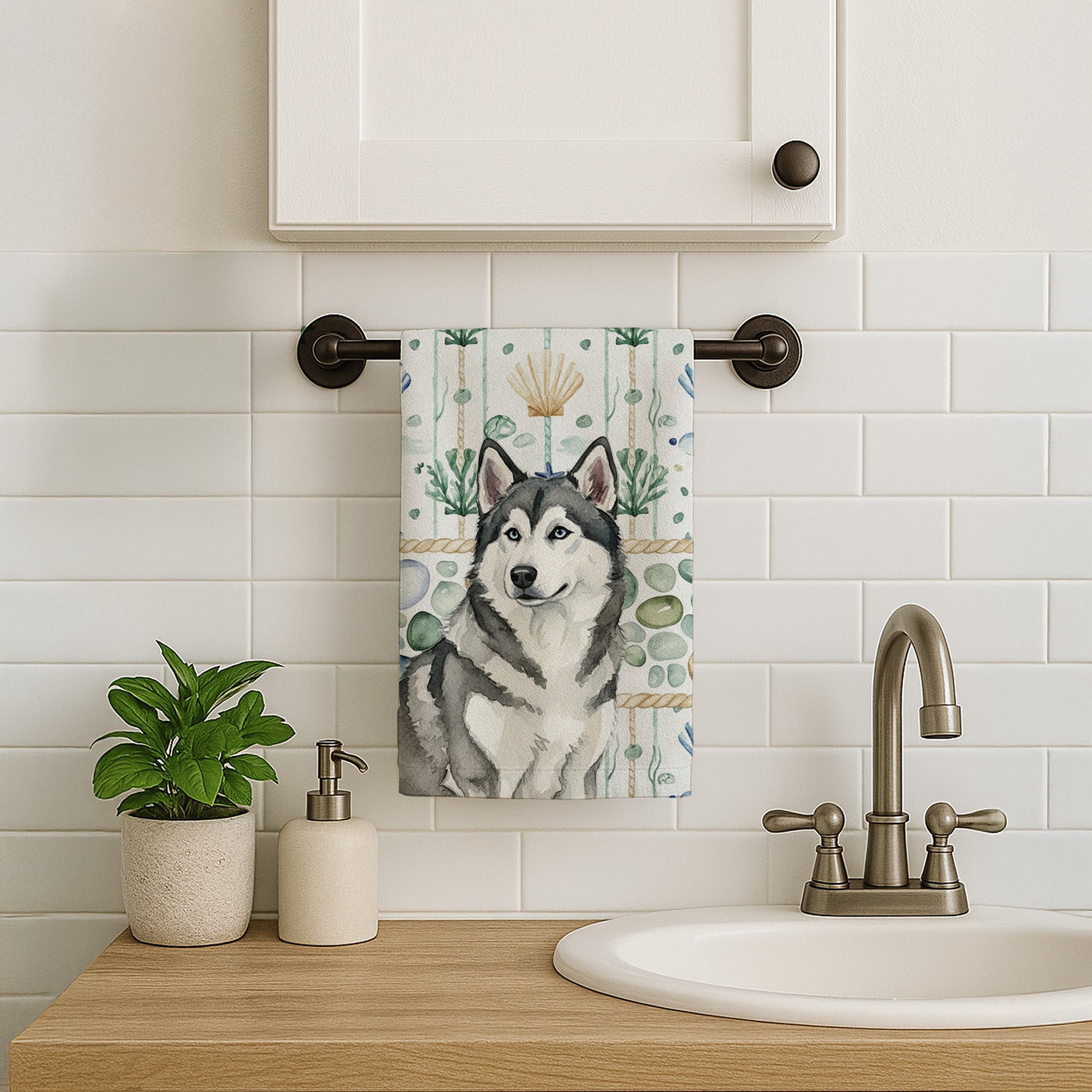 Gray and White Alaskan Malamute Coastal Sea Glass Kitchen Towel Velour Plush Front and Cotton Loop Back Machine Washable