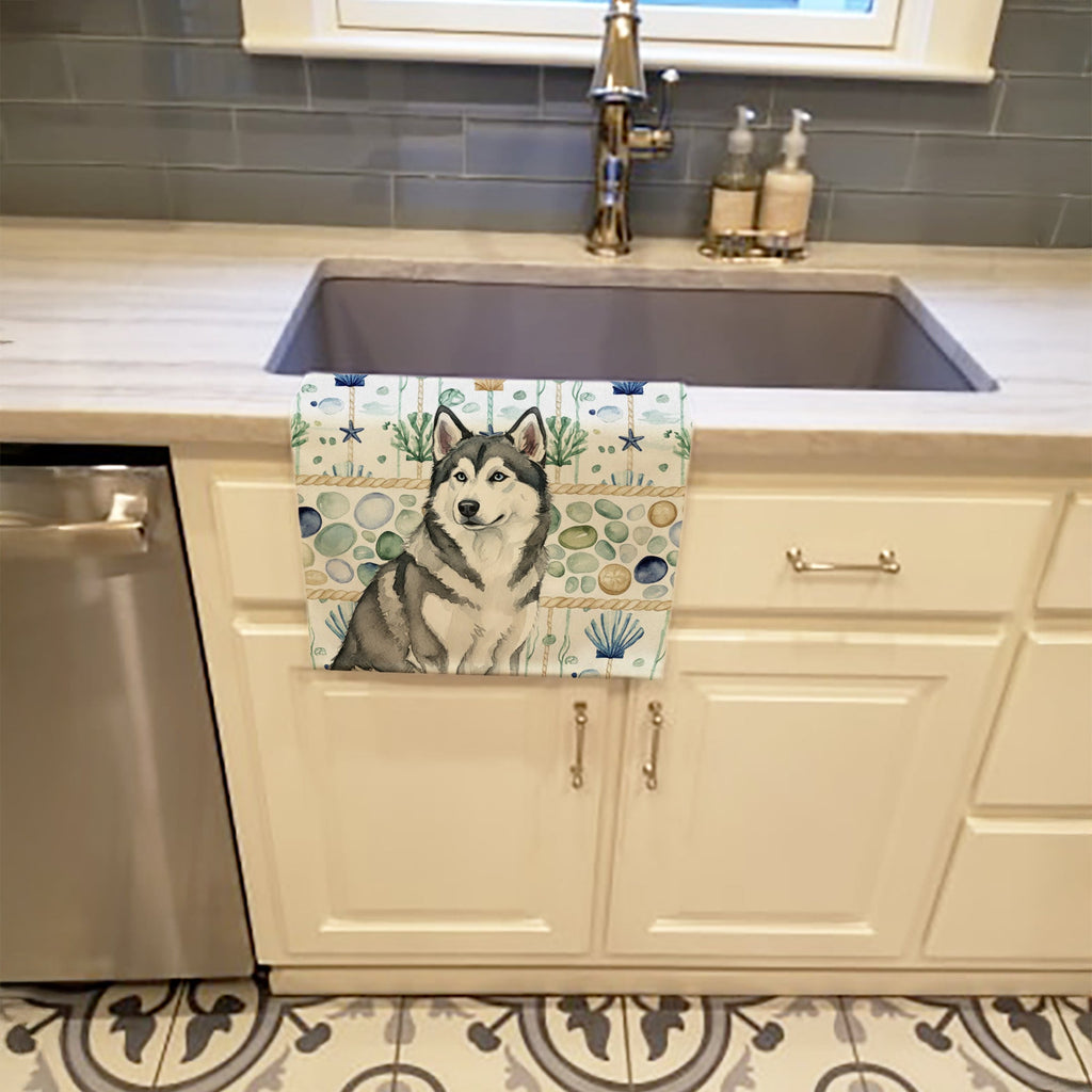 Gray and White Alaskan Malamute Coastal Sea Glass Kitchen Towel Velour Plush Front and Cotton Loop Back Machine Washable