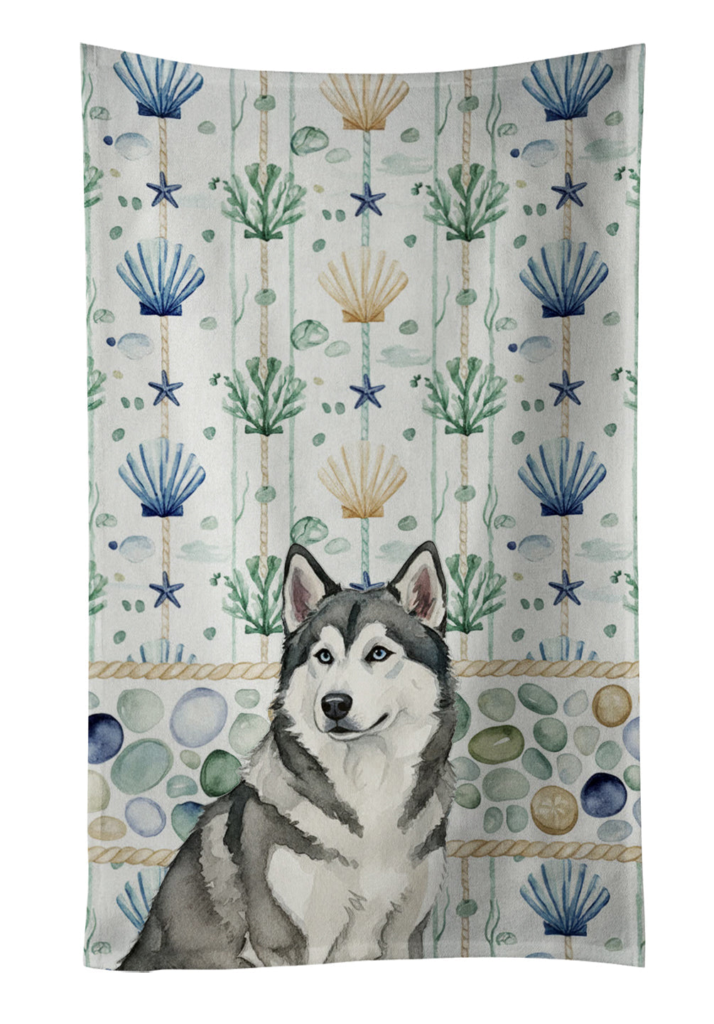 Gray and White Alaskan Malamute Coastal Sea Glass Kitchen Towel Velour Plush Front and Cotton Loop Back Machine Washable