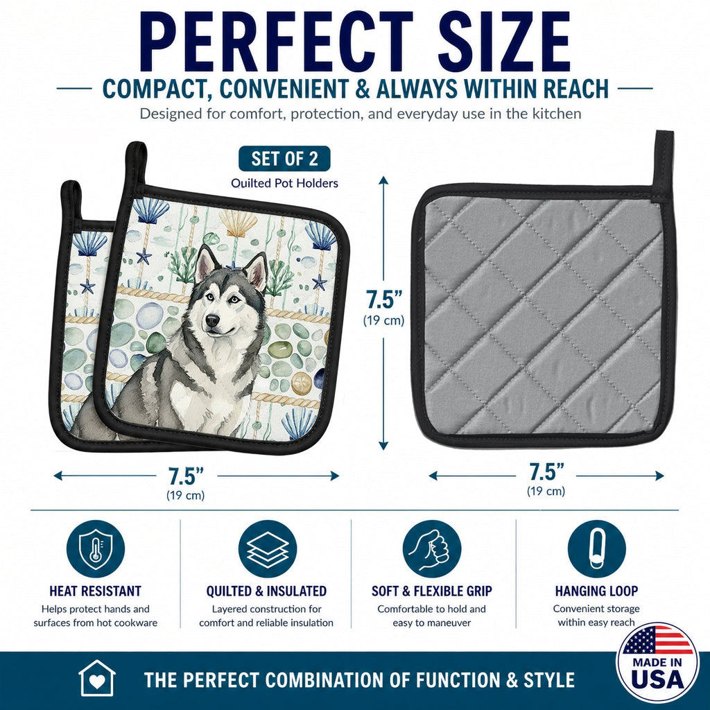 Gray and White Alaskan Malamute Coastal Sea Glass Pot Holder Set of 2 Heat Resistant Quilted Hot Pads 7.5 x 7.5 Inch, Insulated Kitchen Trivets for Cooking & Baking