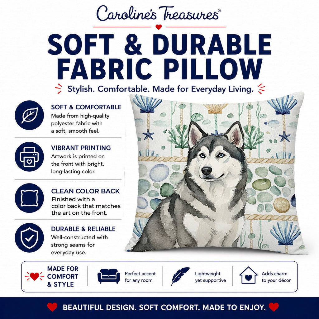 Gray and White Alaskan Malamute Coastal Sea Glass Decorative Throw Pillow 14x14 Indoor Outdoor Accent Cushion, Fabric Cover with Insert for Sofa, Bed, Porch & Living Room