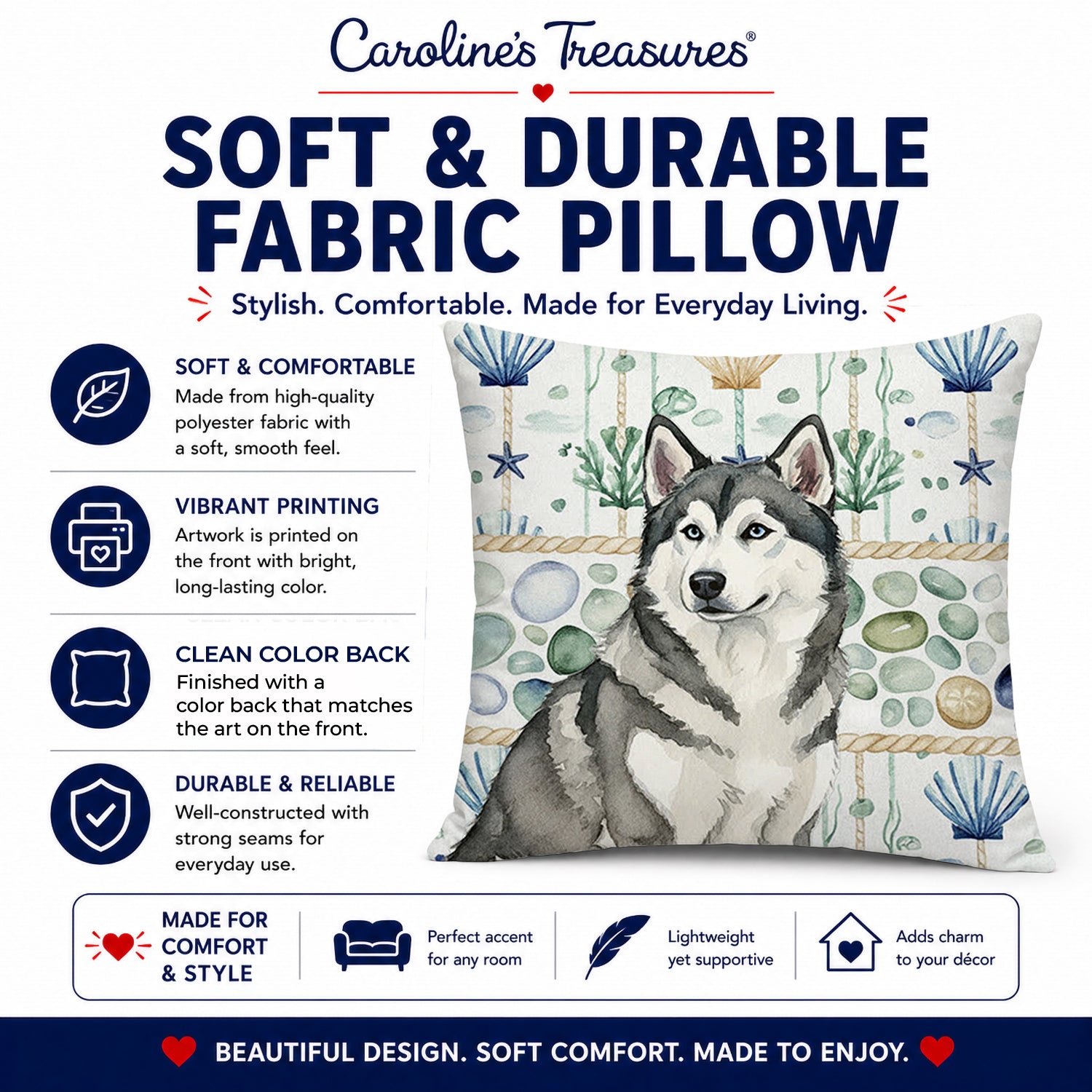 Gray and White Alaskan Malamute Coastal Sea Glass Decorative Throw Pillow 14x14 Indoor Outdoor Accent Cushion, Fabric Cover with Insert for Sofa, Bed, Porch & Living Room