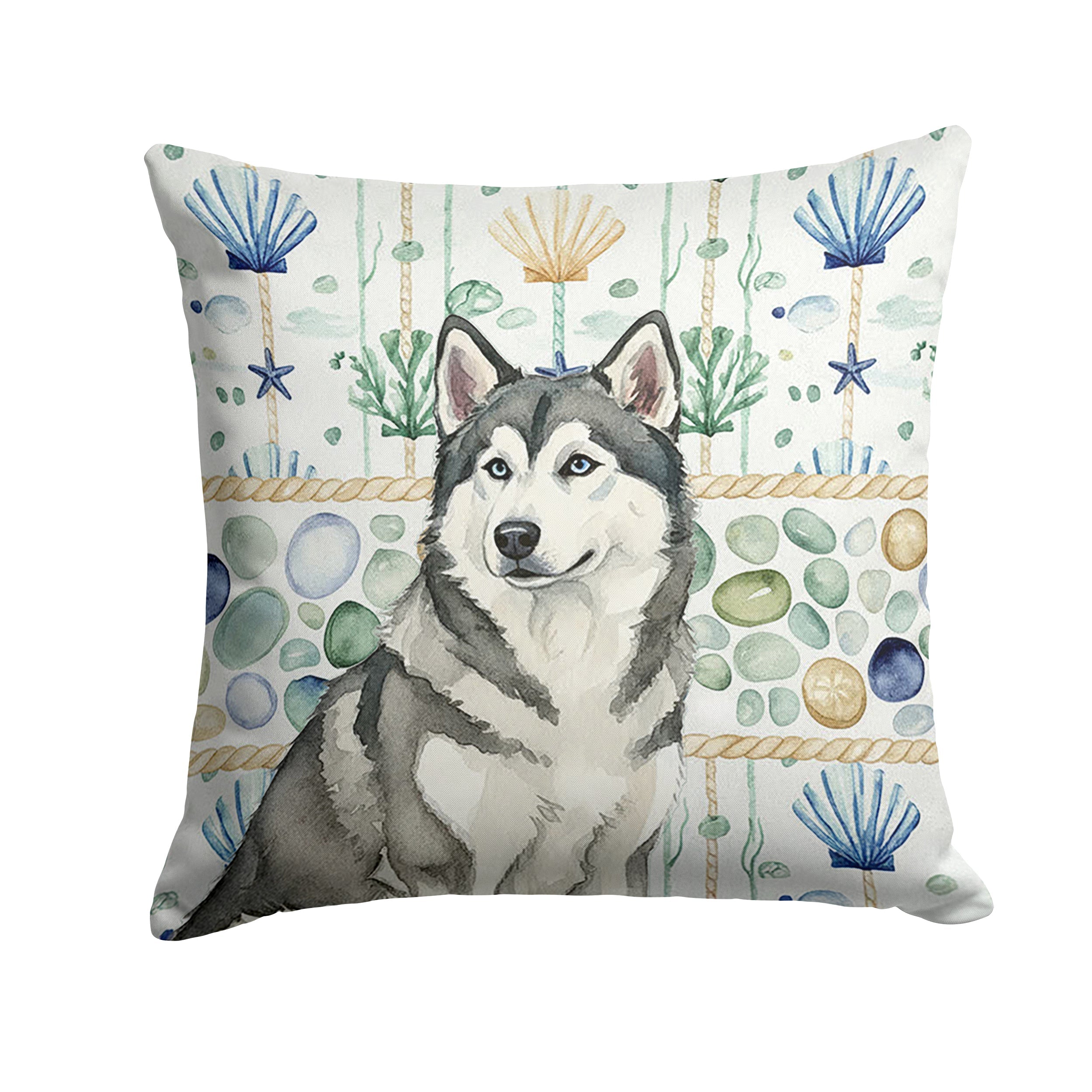 Gray and White Alaskan Malamute Coastal Sea Glass Decorative Throw Pillow 14x14 Indoor Outdoor Accent Cushion, Fabric Cover with Insert for Sofa, Bed, Porch & Living Room