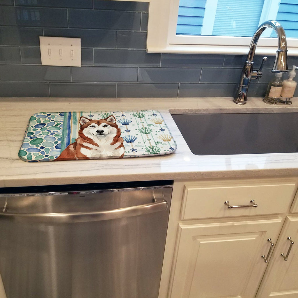 Red and White Alaskan Malamute Coastal Sea Glass Dish Drying Mat Absorbent Dish Drying Mat Pad for Kitchen Counter Dish Drainer Mat for Countertop, 14 x 21", Multicolor