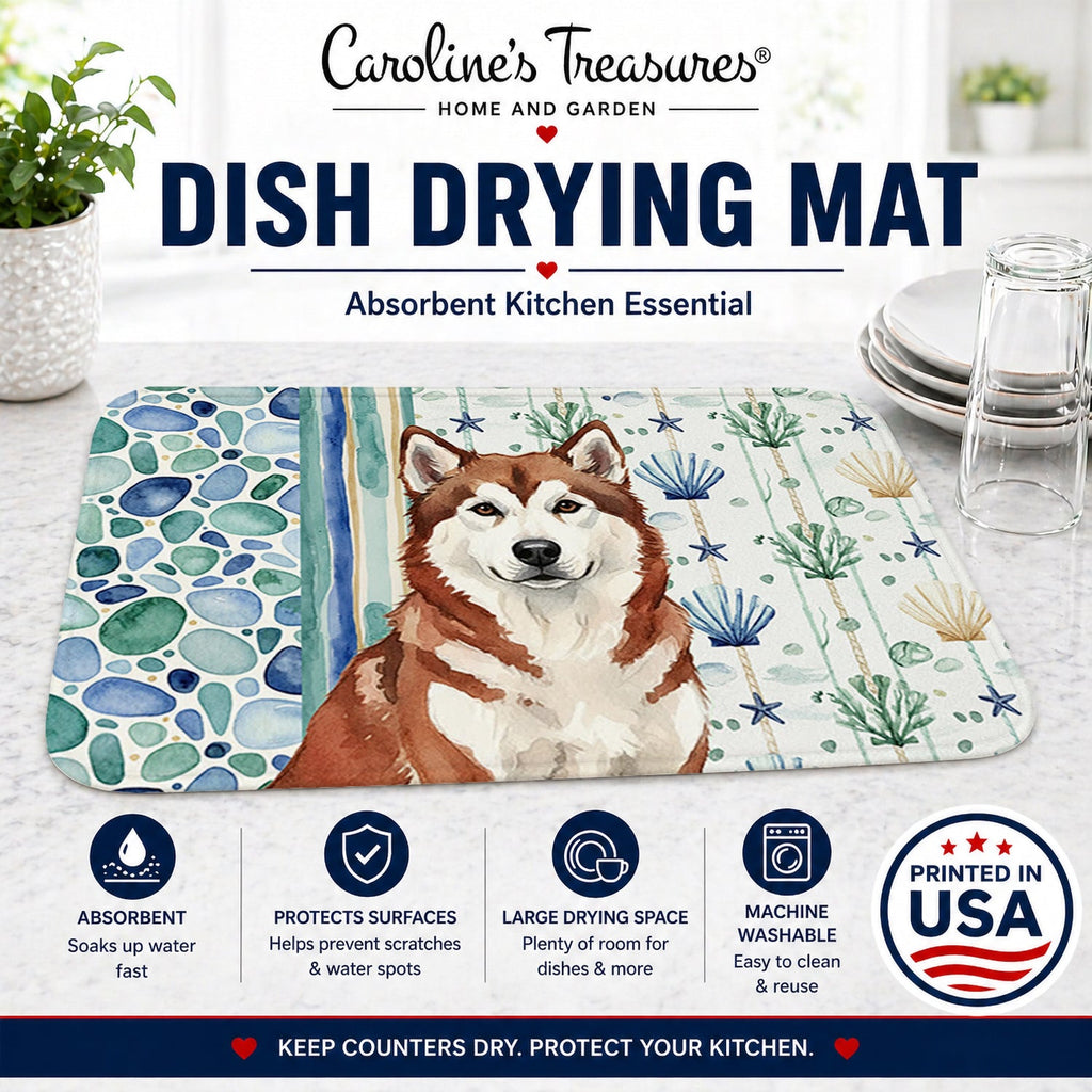 Red and White Alaskan Malamute Coastal Sea Glass Dish Drying Mat Absorbent Dish Drying Mat Pad for Kitchen Counter Dish Drainer Mat for Countertop, 14 x 21", Multicolor