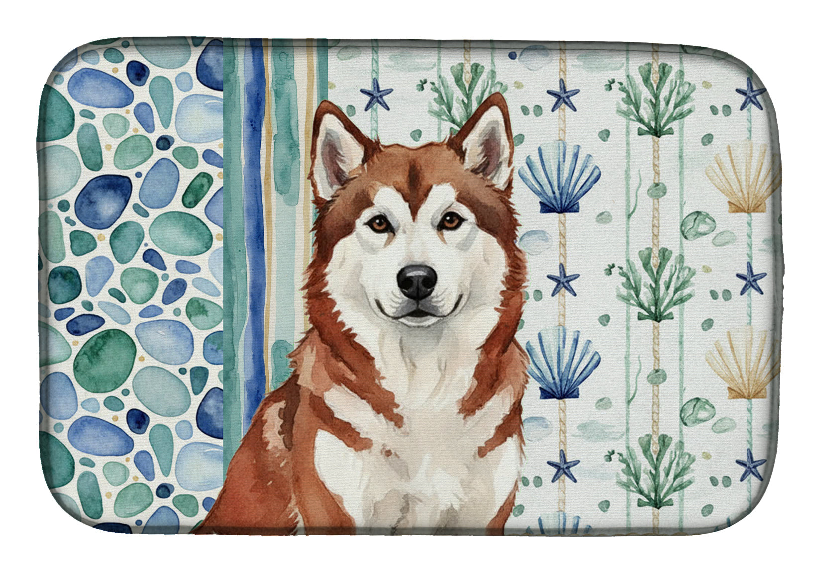 Red and White Alaskan Malamute Coastal Sea Glass Dish Drying Mat Absorbent Dish Drying Mat Pad for Kitchen Counter Dish Drainer Mat for Countertop, 14 x 21", Multicolor