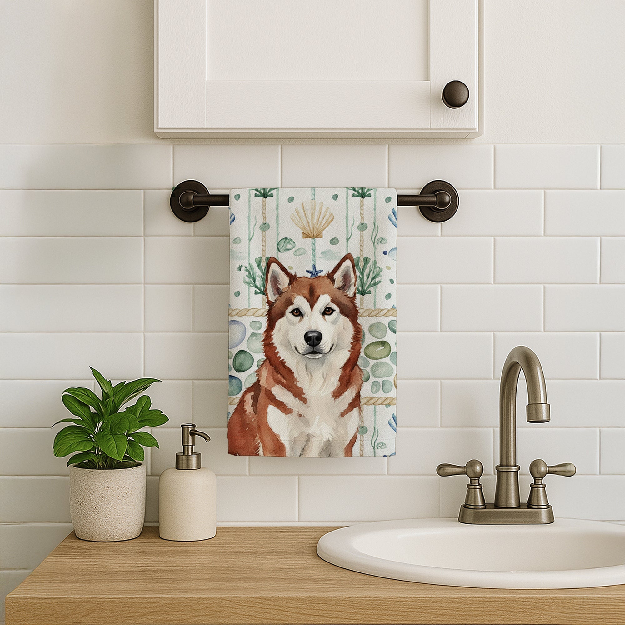 Red and White Alaskan Malamute Coastal Sea Glass Kitchen Towel Velour Plush Front and Cotton Loop Back Machine Washable