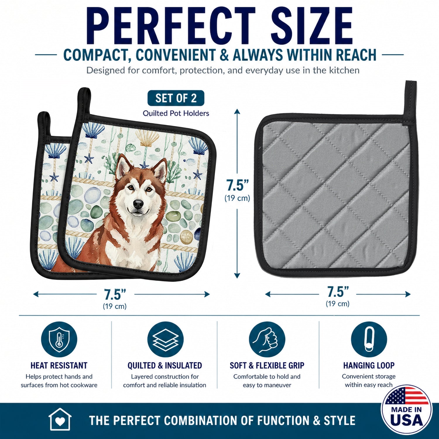 Red and White Alaskan Malamute Coastal Sea Glass Pot Holder Set of 2 Heat Resistant Quilted Hot Pads 7.5 x 7.5 Inch, Insulated Kitchen Trivets for Cooking & Baking