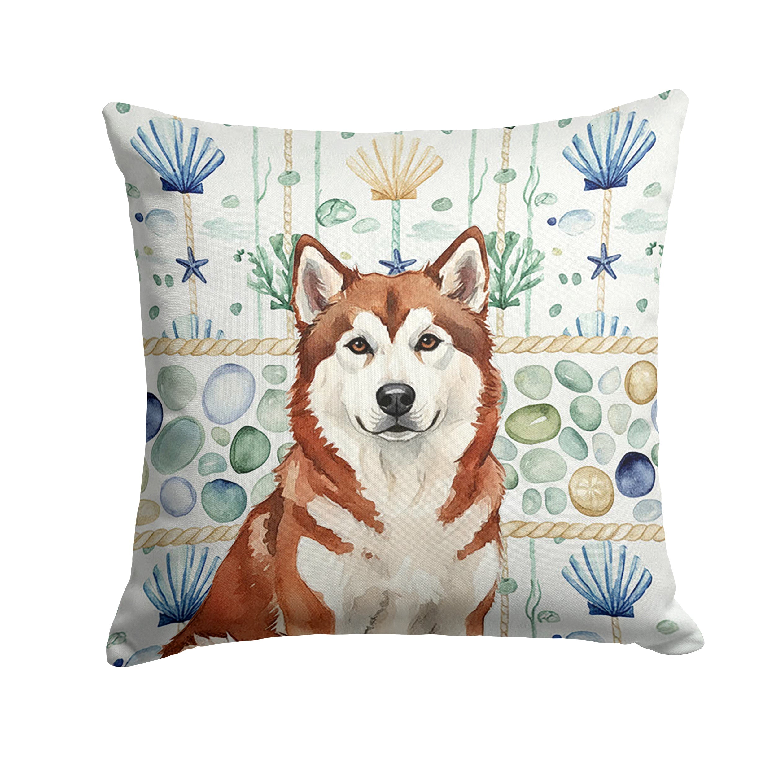 Red and White Alaskan Malamute Coastal Sea Glass Decorative Throw Pillow 14x14 Indoor Outdoor Accent Cushion, Fabric Cover with Insert for Sofa, Bed, Porch & Living Room