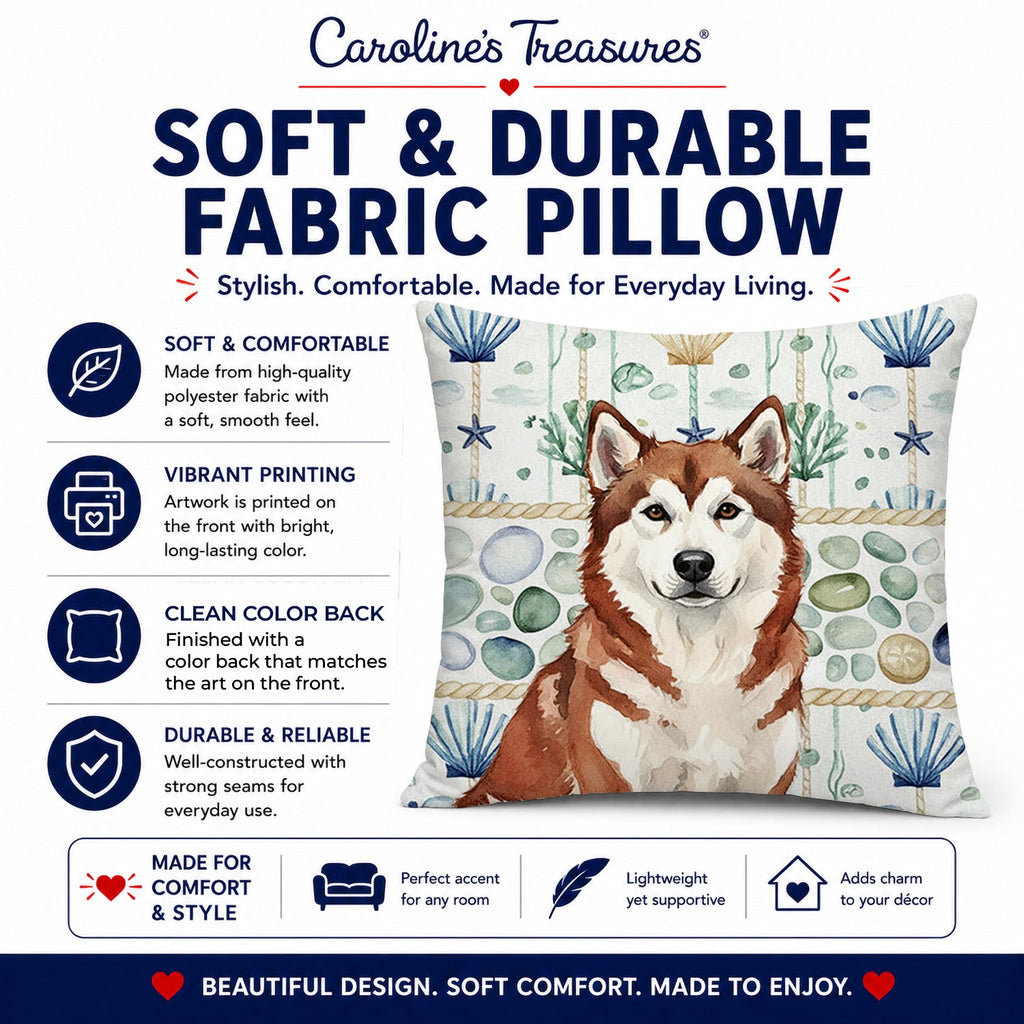 Red and White Alaskan Malamute Coastal Sea Glass Decorative Throw Pillow 18x18 Indoor Outdoor Accent Cushion, Fabric Cover with Insert for Sofa, Bed, Porch & Living Room