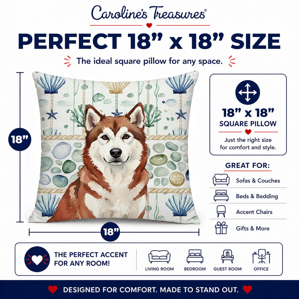 Red and White Alaskan Malamute Coastal Sea Glass Decorative Throw Pillow 18x18 Indoor Outdoor Accent Cushion, Fabric Cover with Insert for Sofa, Bed, Porch & Living Room