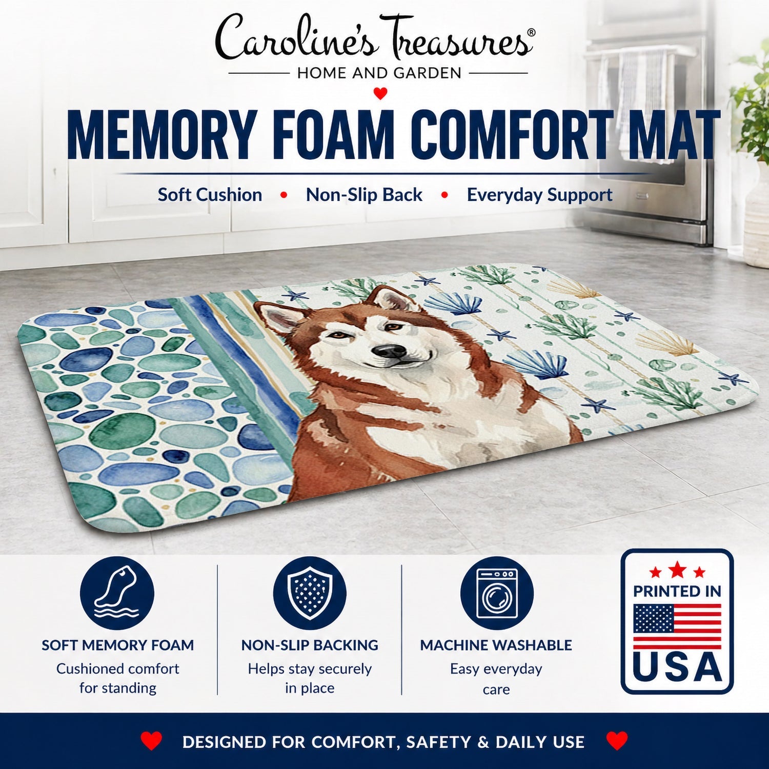 Red and White Alaskan Malamute Coastal Sea Glass Memory Foam Kitchen Mat Machine Washable Anti-Fatigue Cushion Comfort Bath or Kitchen Rug