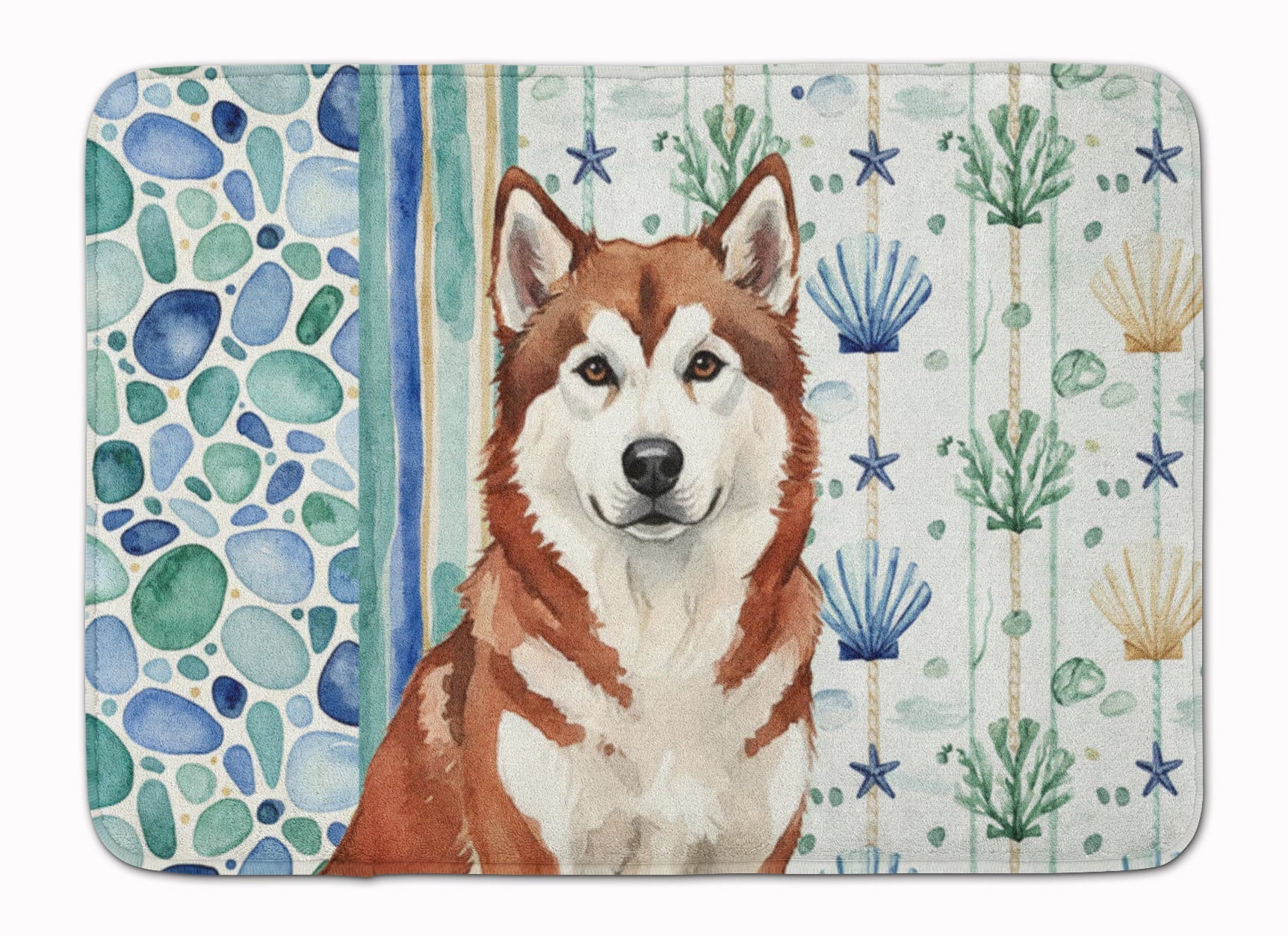 Red and White Alaskan Malamute Coastal Sea Glass Memory Foam Kitchen Mat Machine Washable Anti-Fatigue Cushion Comfort Bath or Kitchen Rug