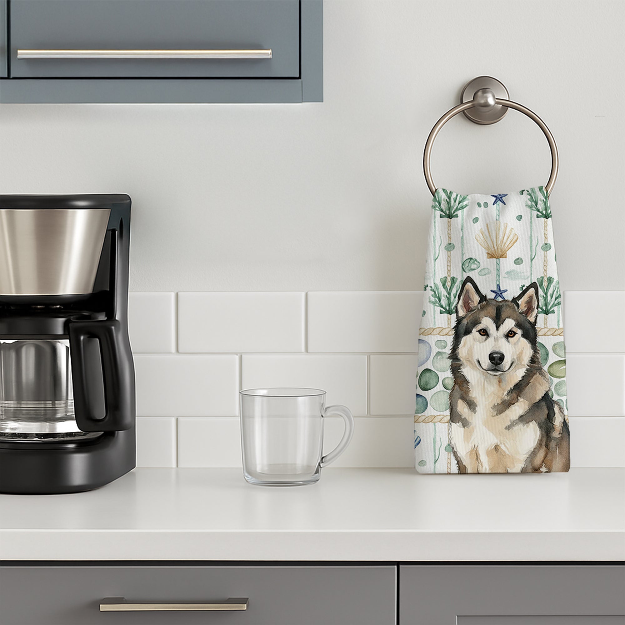 Sable and White Alaskan Malamute Coastal Sea Glass Kitchen Towel Velour Plush Front and Cotton Loop Back Machine Washable