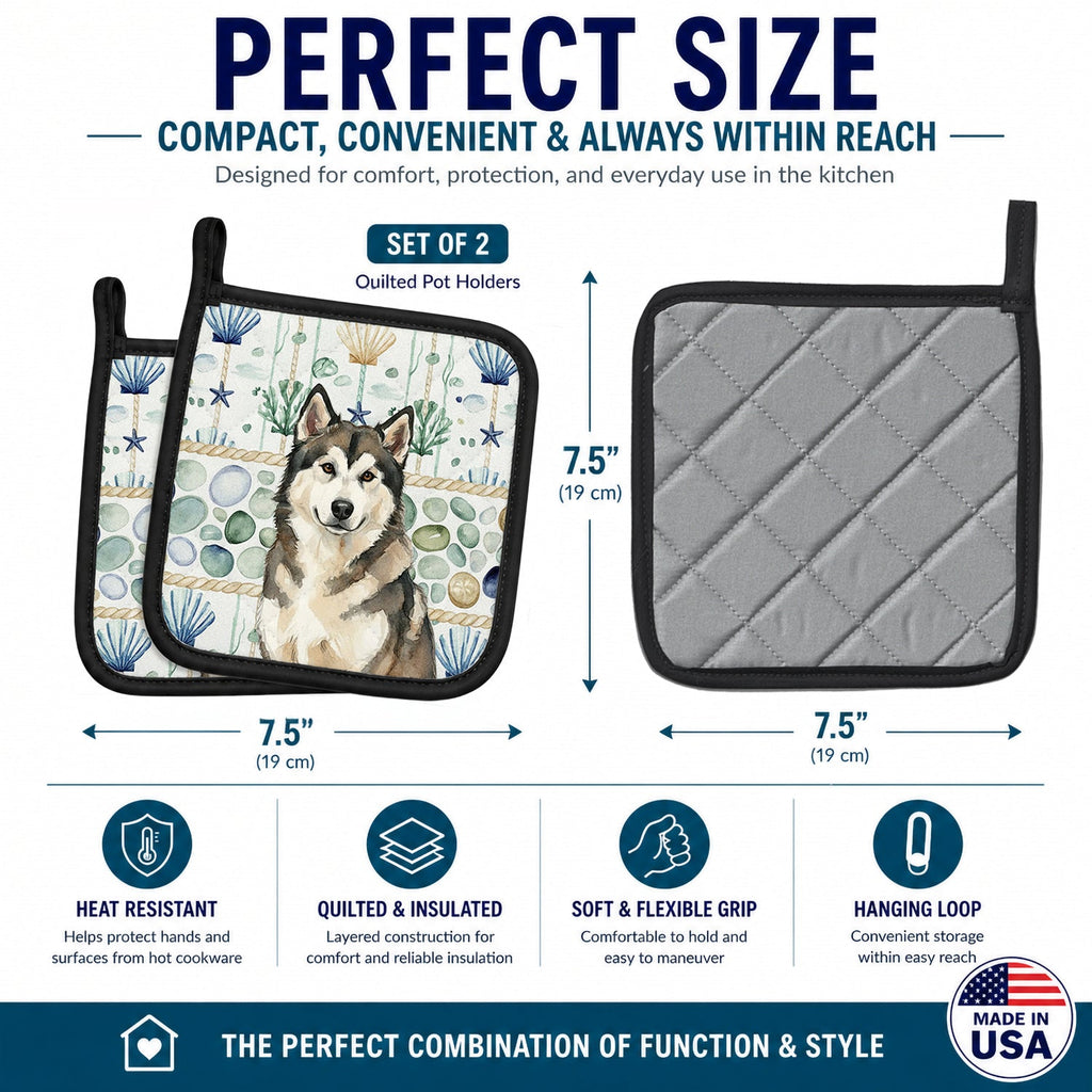 Sable and White Alaskan Malamute Coastal Sea Glass Pot Holder Set of 2 Heat Resistant Quilted Hot Pads 7.5 x 7.5 Inch, Insulated Kitchen Trivets for Cooking & Baking