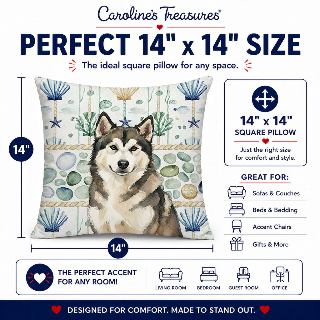 Sable and White Alaskan Malamute Coastal Sea Glass Decorative Throw Pillow 14x14 Indoor Outdoor Accent Cushion, Fabric Cover with Insert for Sofa, Bed, Porch & Living Room