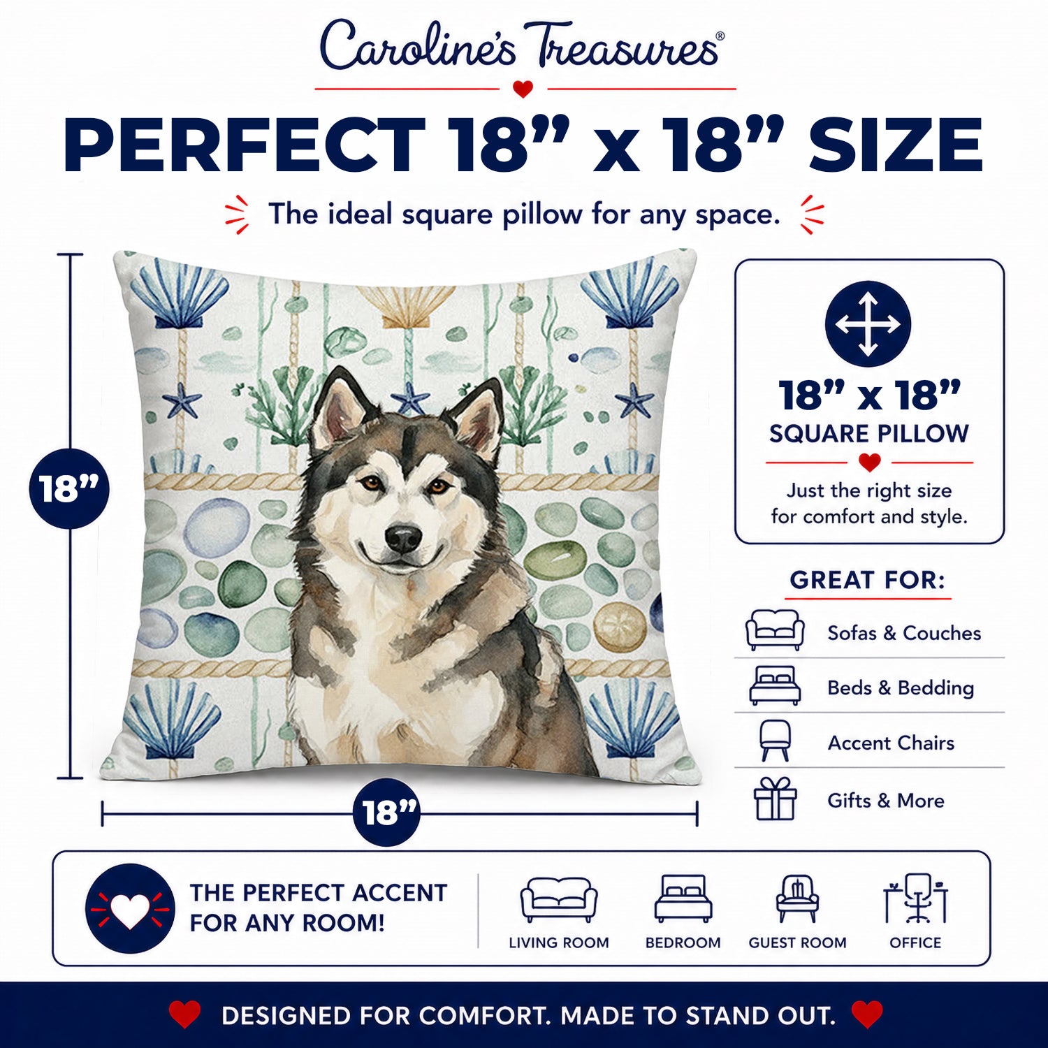 Sable and White Alaskan Malamute Coastal Sea Glass Decorative Throw Pillow 18x18 Indoor Outdoor Accent Cushion, Fabric Cover with Insert for Sofa, Bed, Porch & Living Room