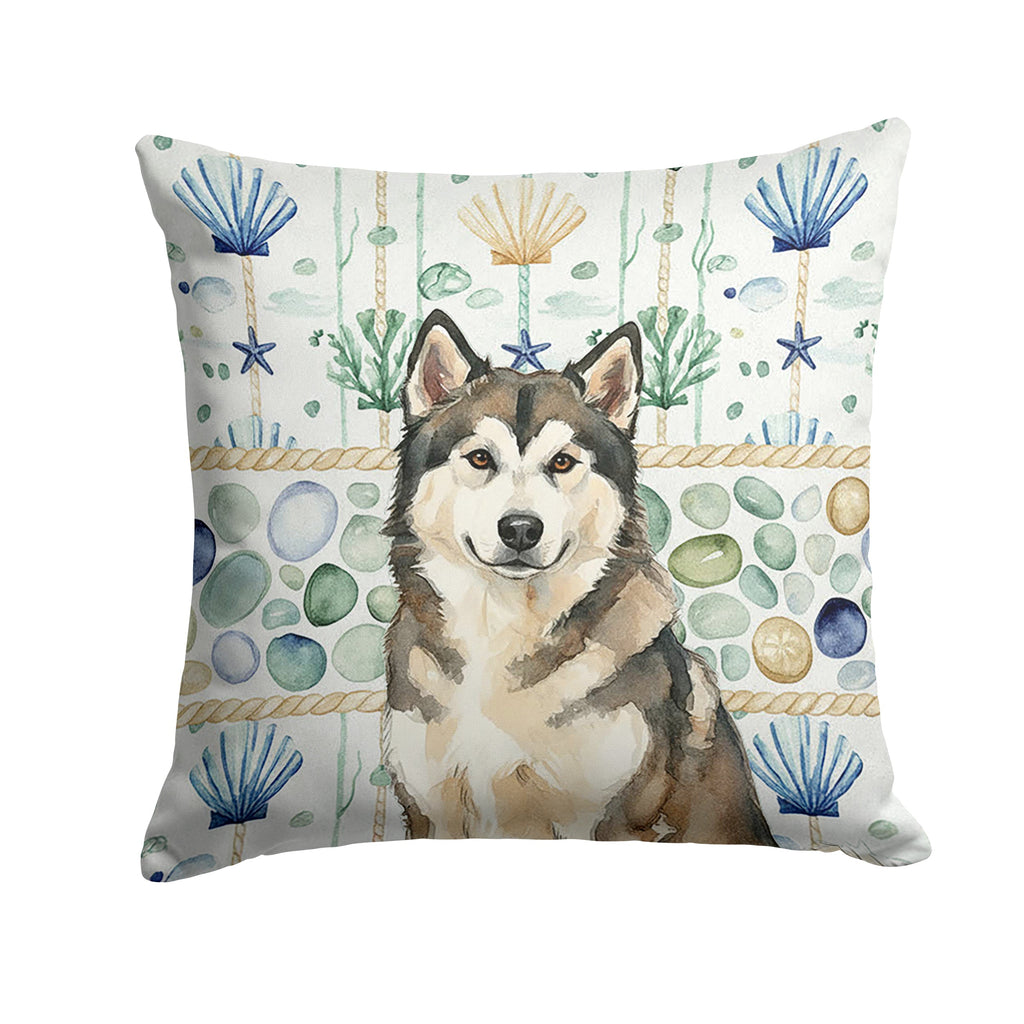 Sable and White Alaskan Malamute Coastal Sea Glass Decorative Throw Pillow 18x18 Indoor Outdoor Accent Cushion, Fabric Cover with Insert for Sofa, Bed, Porch & Living Room