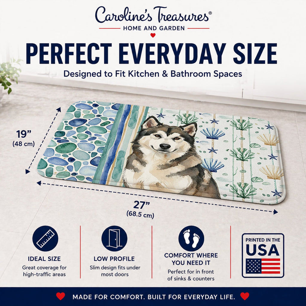 Sable and White Alaskan Malamute Coastal Sea Glass Memory Foam Kitchen Mat Machine Washable Anti-Fatigue Cushion Comfort Bath or Kitchen Rug