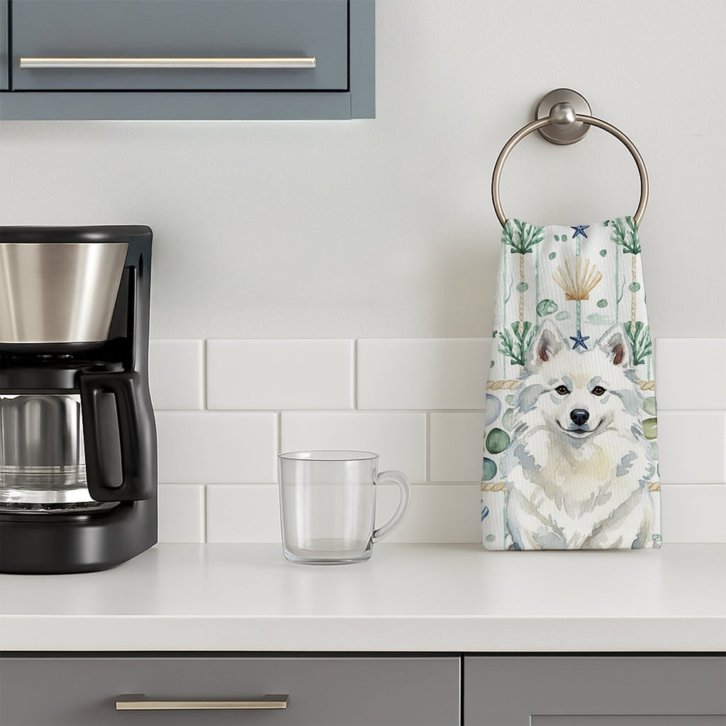 American Eskimo Coastal Sea Glass Kitchen Towel Velour Plush Front and Cotton Loop Back Machine Washable