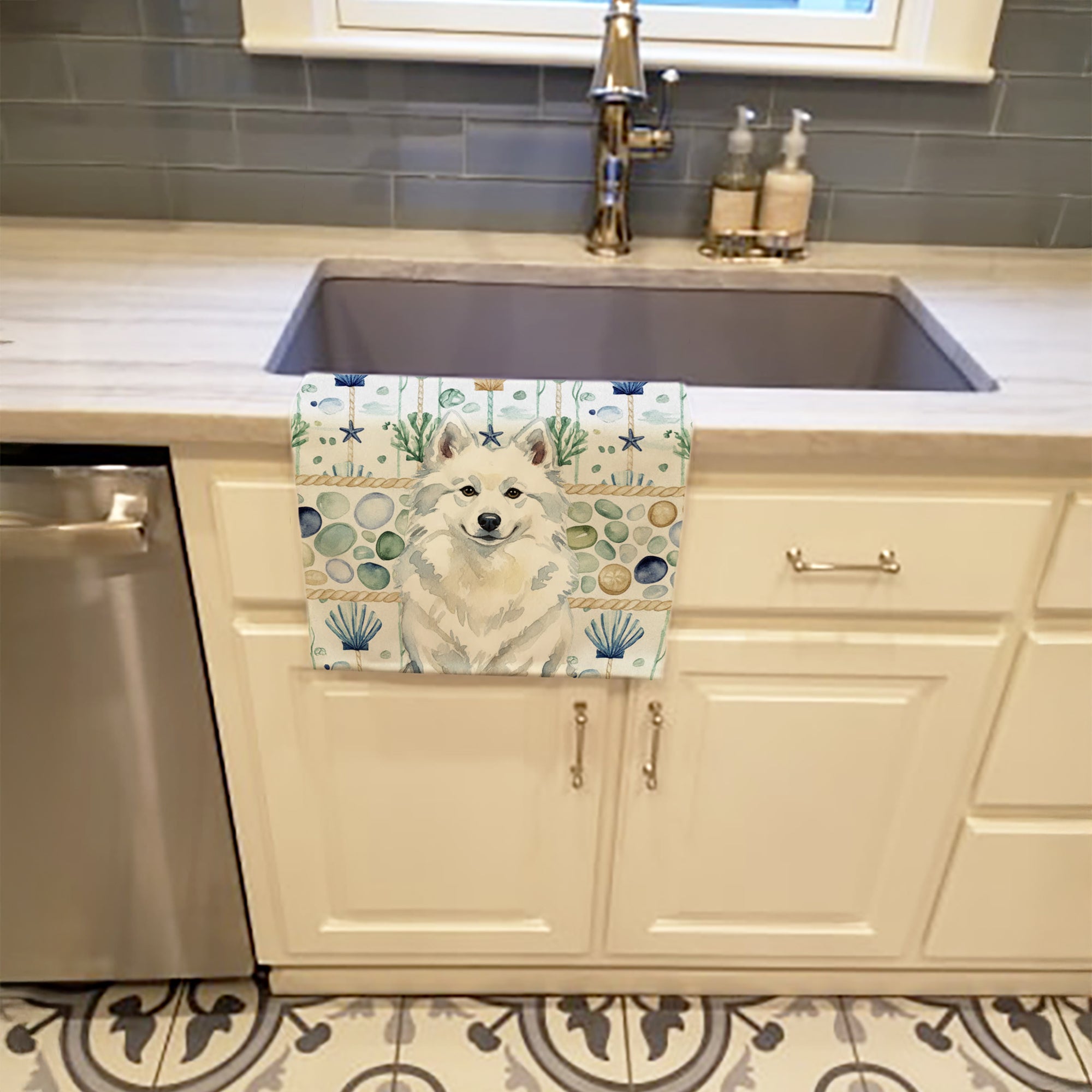 American Eskimo Coastal Sea Glass Kitchen Towel Velour Plush Front and Cotton Loop Back Machine Washable