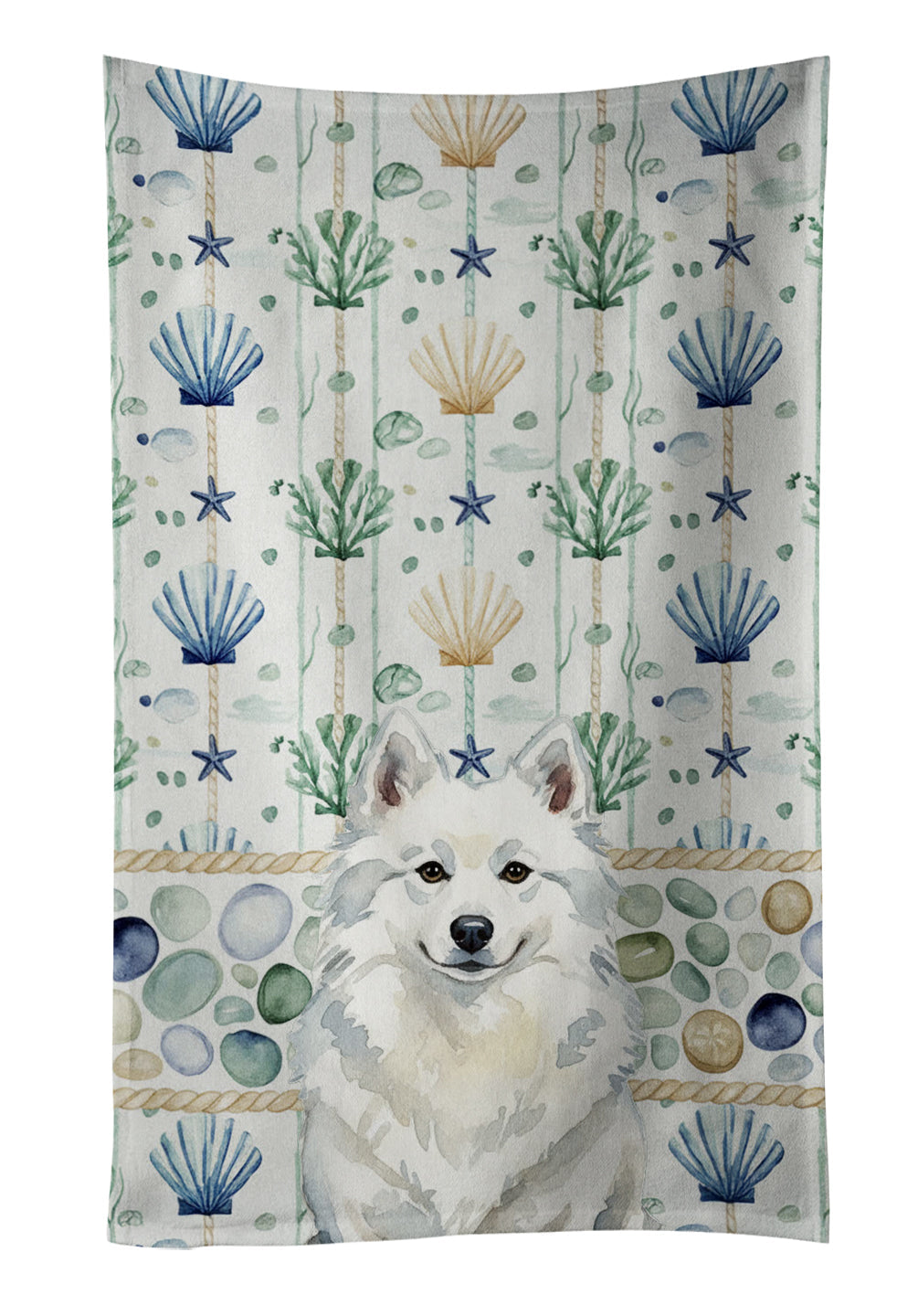 American Eskimo Coastal Sea Glass Kitchen Towel Velour Plush Front and Cotton Loop Back Machine Washable