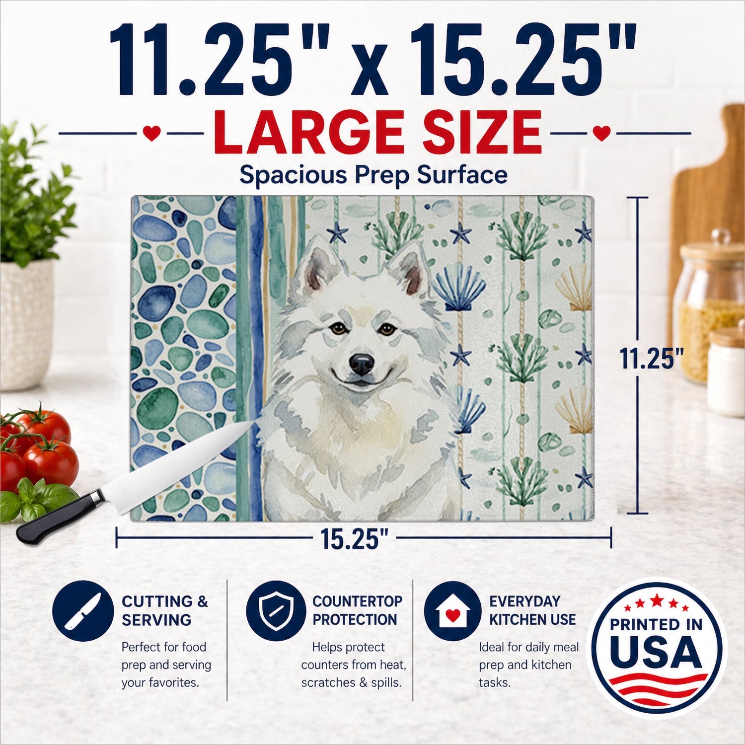 American Eskimo Coastal Sea Glass Cutting Board Tempered Glass Kitchen Cutting Surface, Heat Resistant Chopping, Non-Slip Feet, Food Prep & Serving