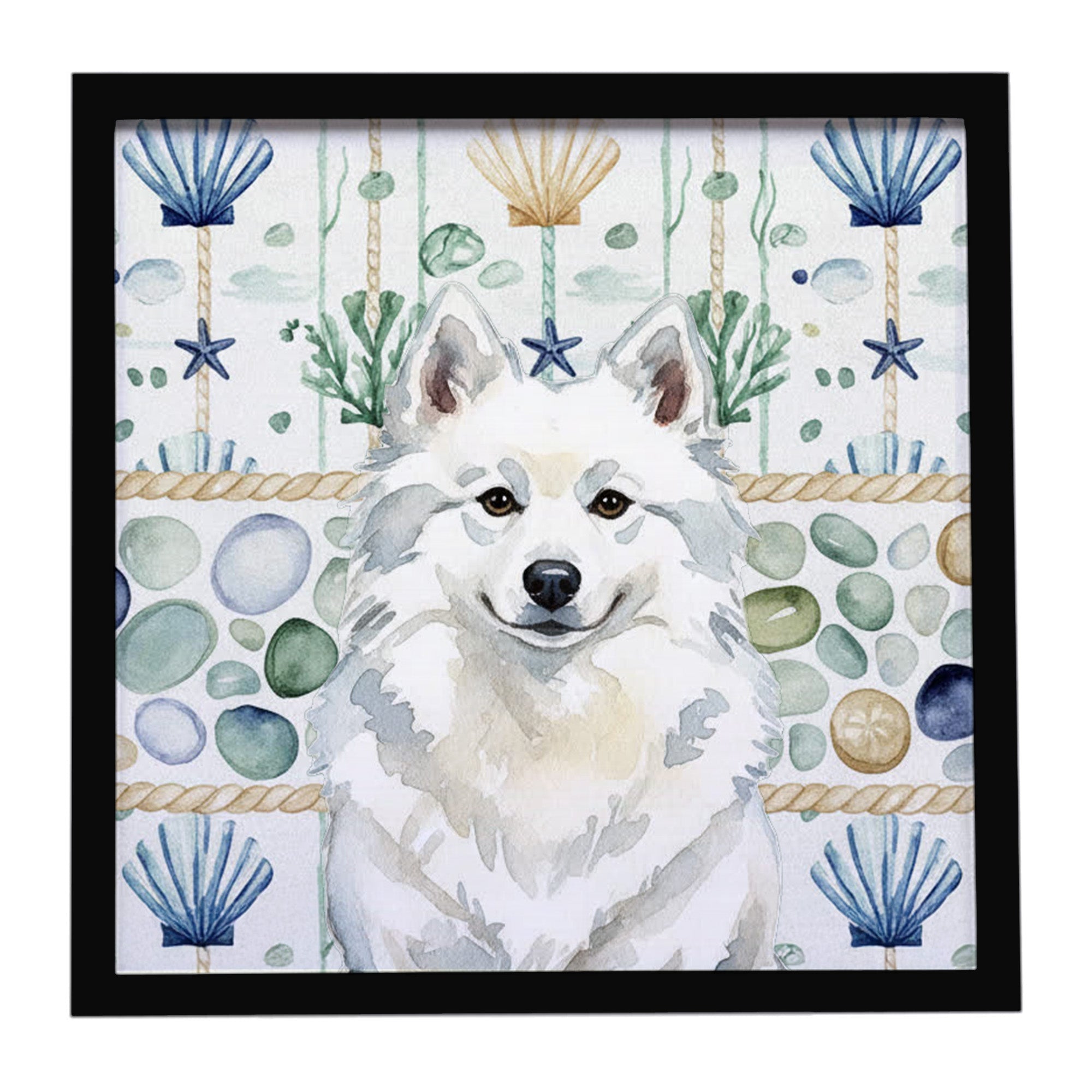 American Eskimo Coastal Sea Glass Framed Metal Print Bathroom, Kitchen, Office, Home Decor Wall Art Ready to Hang, Square, 8X8