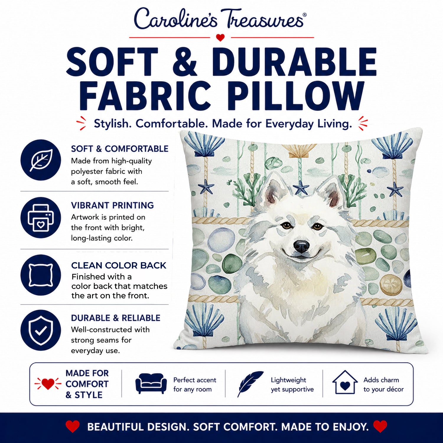 American Eskimo Coastal Sea Glass Decorative Throw Pillow 14x14 Indoor Outdoor Accent Cushion, Fabric Cover with Insert for Sofa, Bed, Porch & Living Room
