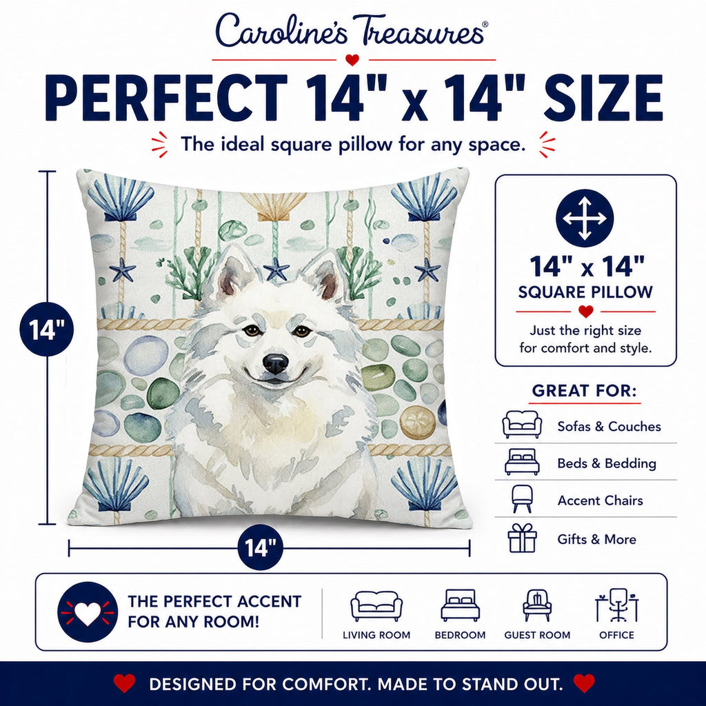 American Eskimo Coastal Sea Glass Decorative Throw Pillow 14x14 Indoor Outdoor Accent Cushion, Fabric Cover with Insert for Sofa, Bed, Porch & Living Room