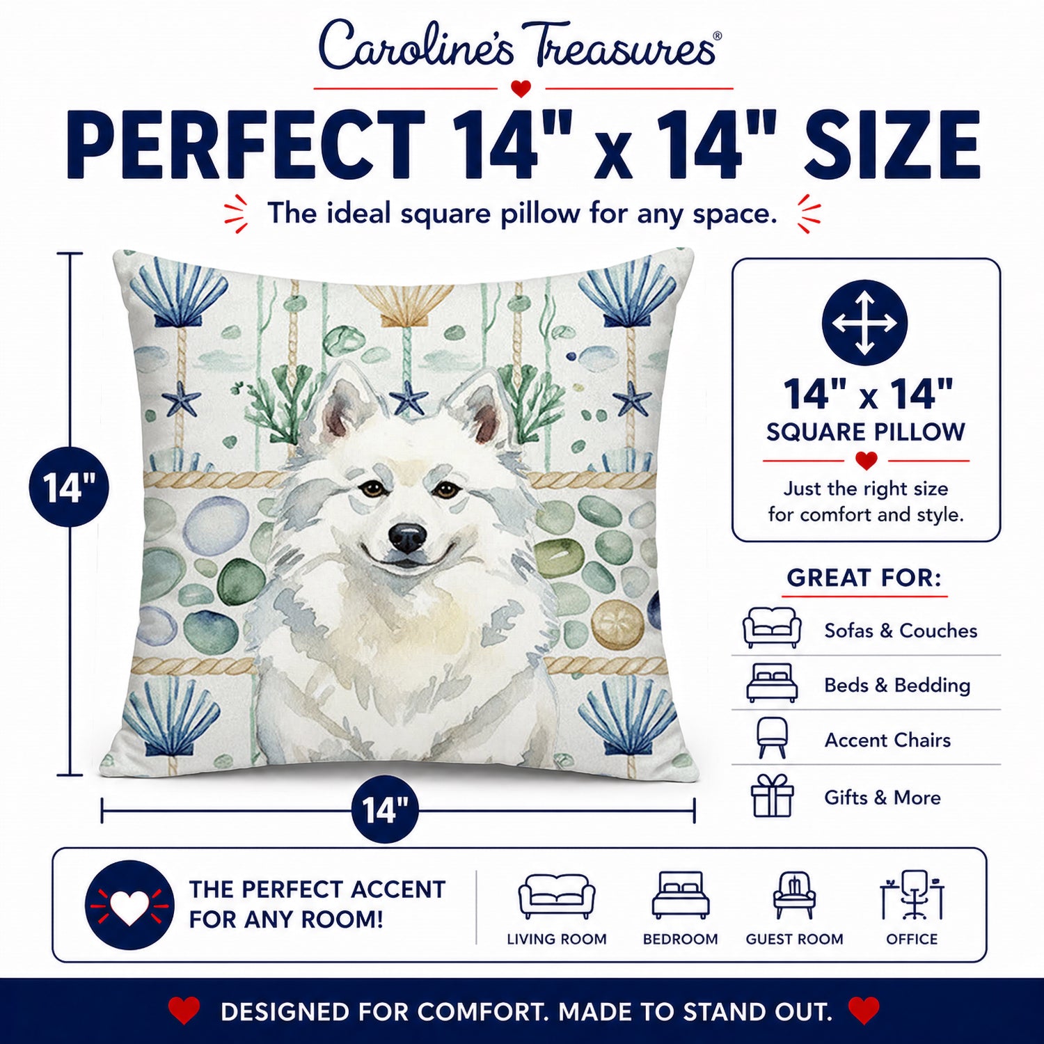 American Eskimo Coastal Sea Glass Decorative Throw Pillow 14x14 Indoor Outdoor Accent Cushion, Fabric Cover with Insert for Sofa, Bed, Porch & Living Room
