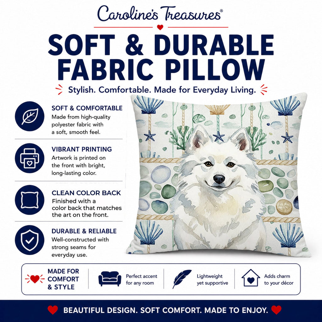 American Eskimo Coastal Sea Glass Decorative Throw Pillow 18x18 Indoor Outdoor Accent Cushion, Fabric Cover with Insert for Sofa, Bed, Porch & Living Room