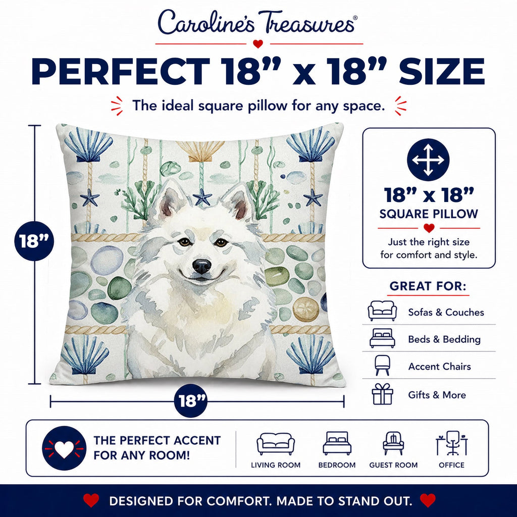 American Eskimo Coastal Sea Glass Decorative Throw Pillow 18x18 Indoor Outdoor Accent Cushion, Fabric Cover with Insert for Sofa, Bed, Porch & Living Room